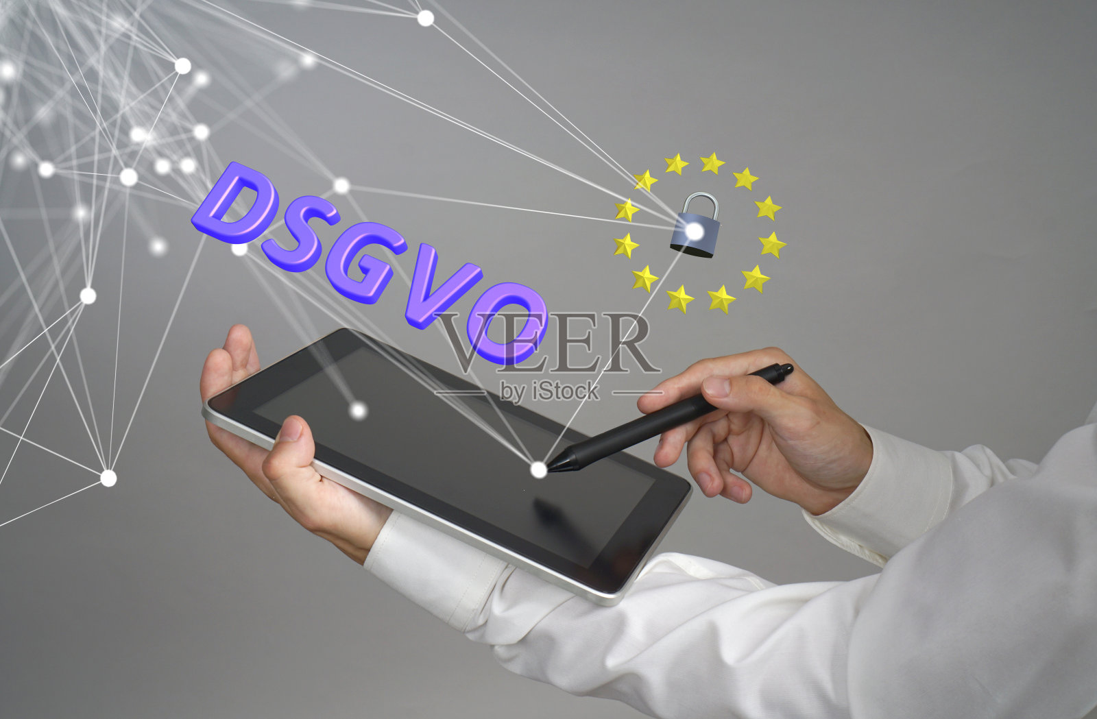 DSGVO是GDPR的德语版本。一般资料保护规例的概念，保护个人资料。用平板电脑的年轻人用虚拟界面工作照片摄影图片