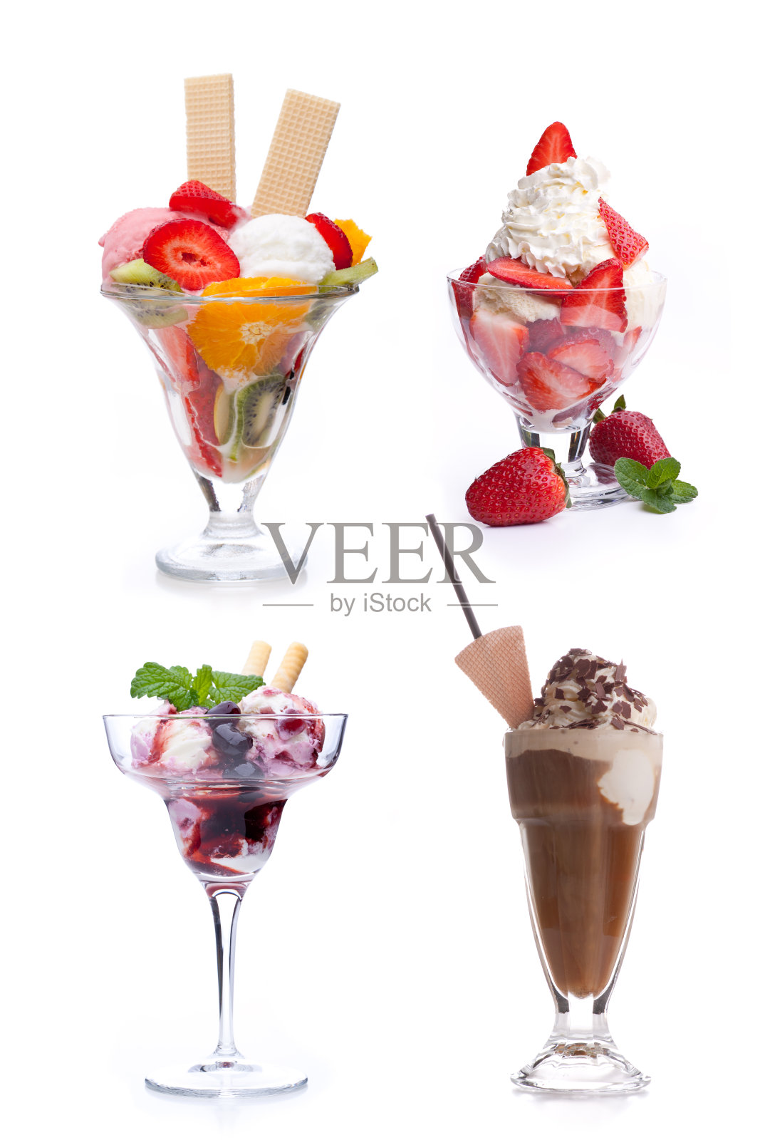 4种不同的冰淇淋圣代孤立在白色的背景照片摄影图片