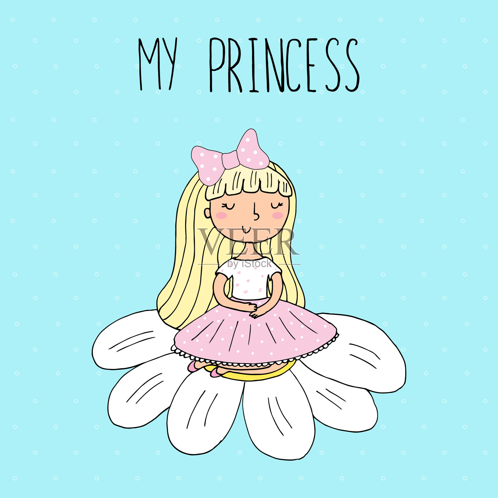 可爱的手绘与可爱的小公主矢量插图。插画图片素材