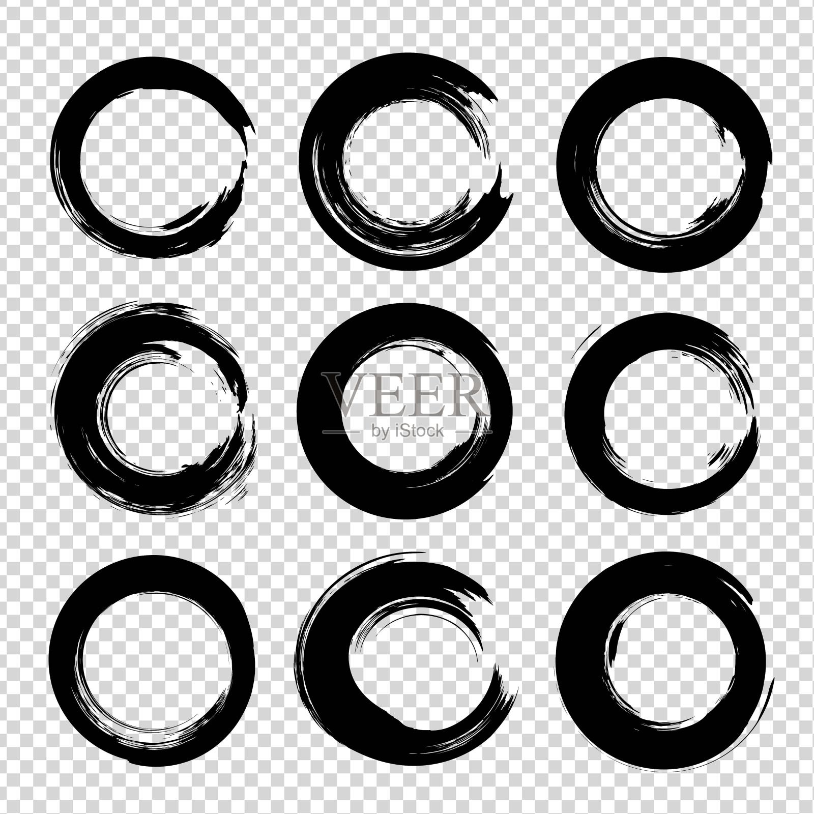 抽象的黑色纹理九个圆涂抹设置孤立的白色背景插画图片素材