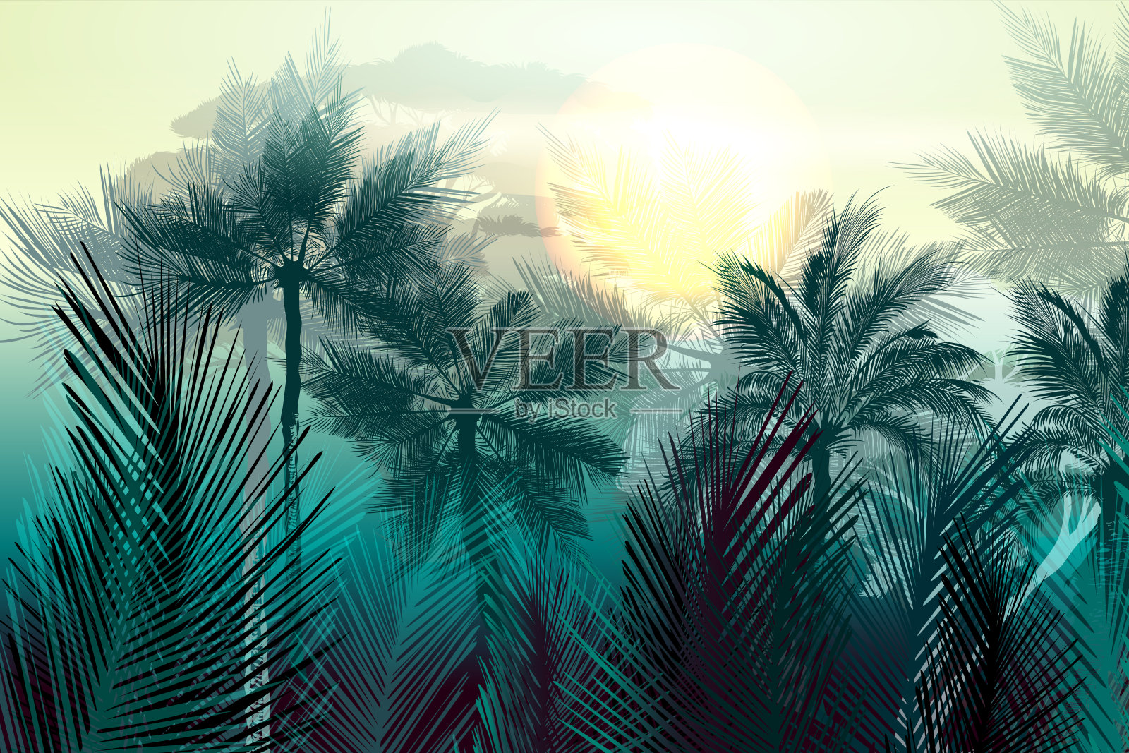 热带矢量丛林景观与棕榈树和树叶。早上绿灯插画图片素材
