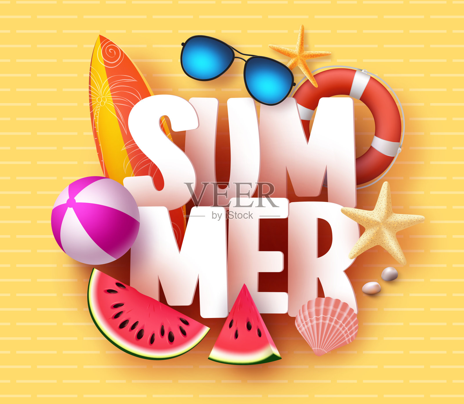 夏季横幅设计与3D文本标题和彩色热带海滩元素在黄色图案背景插画图片素材