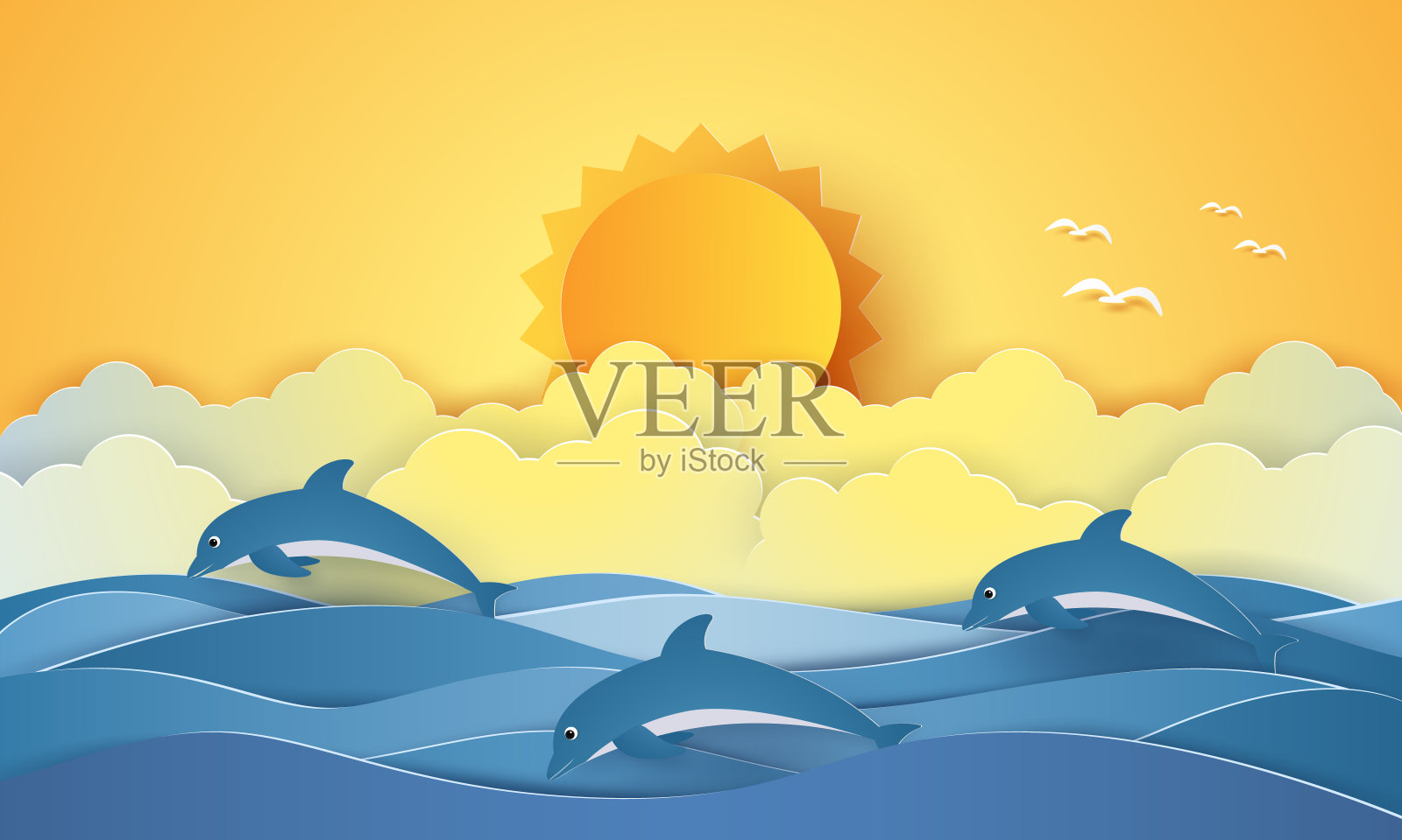 夏天的时候，海面上有海豚和阳光，纸艺术风格设计元素图片