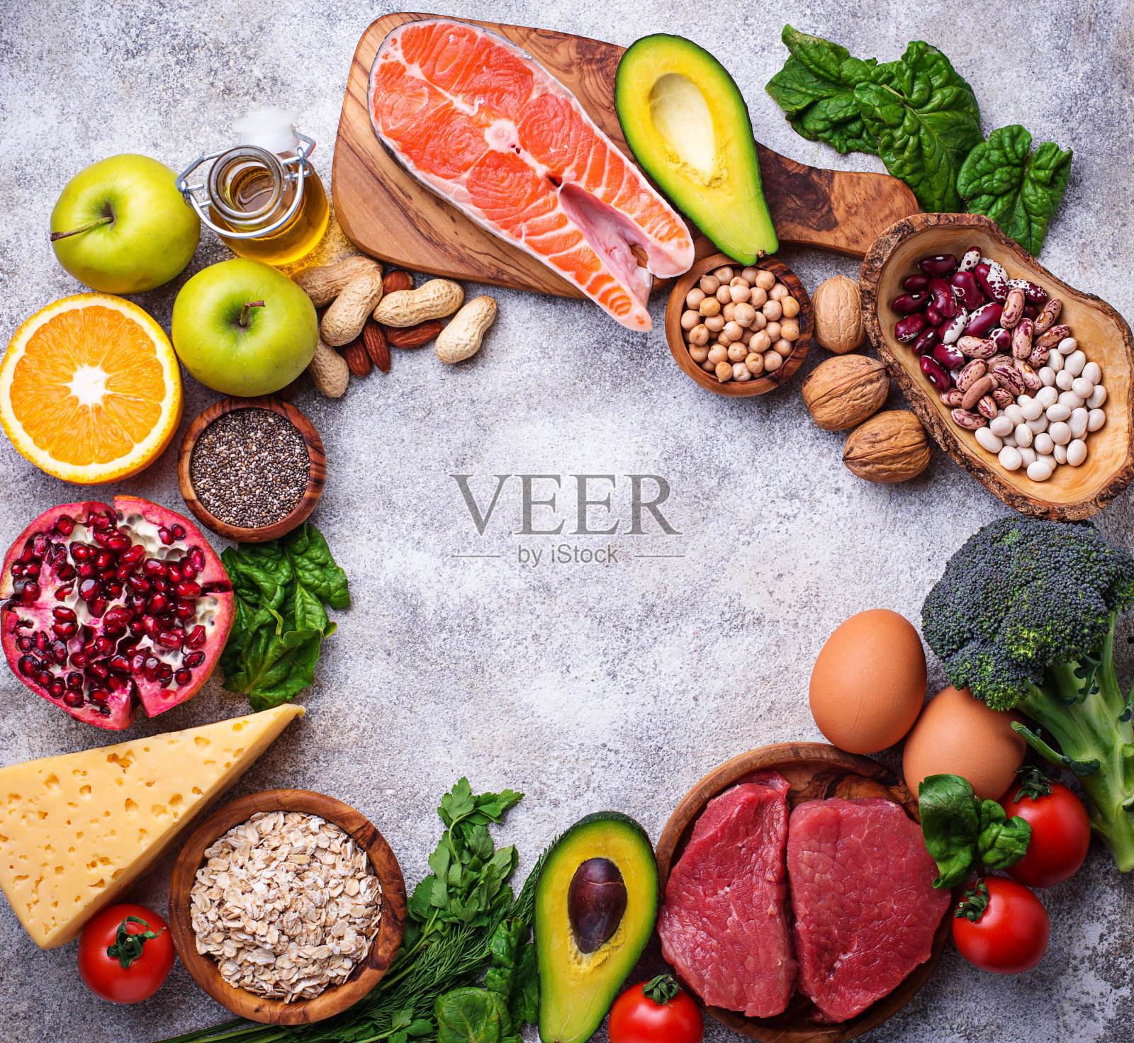 肉，鱼，豆类，坚果和蔬菜。照片摄影图片