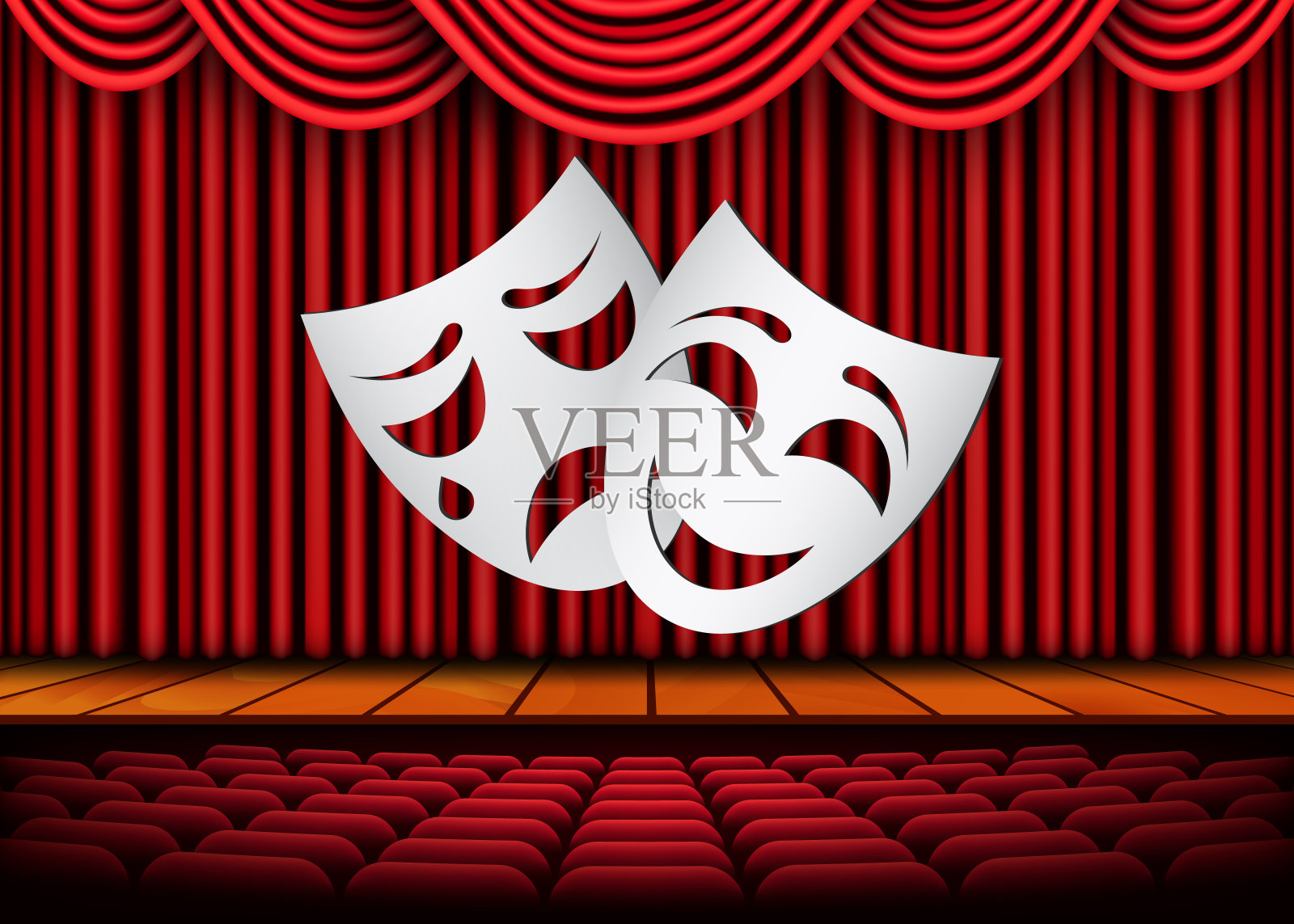 快乐和悲伤的剧场面具，红窗帘的剧场场景。股票矢量图插画图片素材