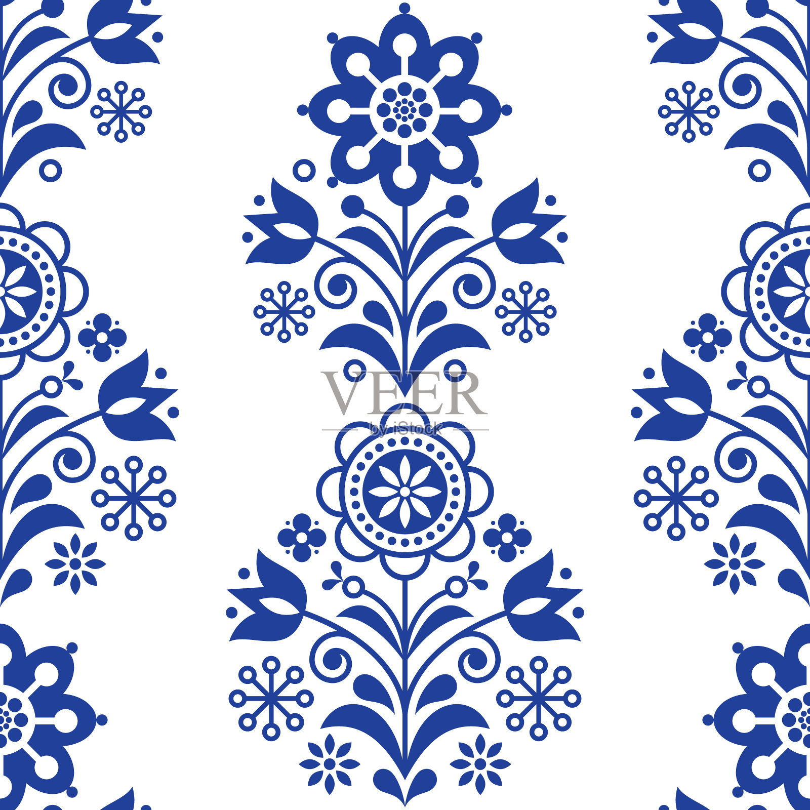 北欧无缝民间艺术矢量图案，海军蓝重复花纹设计，北欧用花点缀插画图片素材