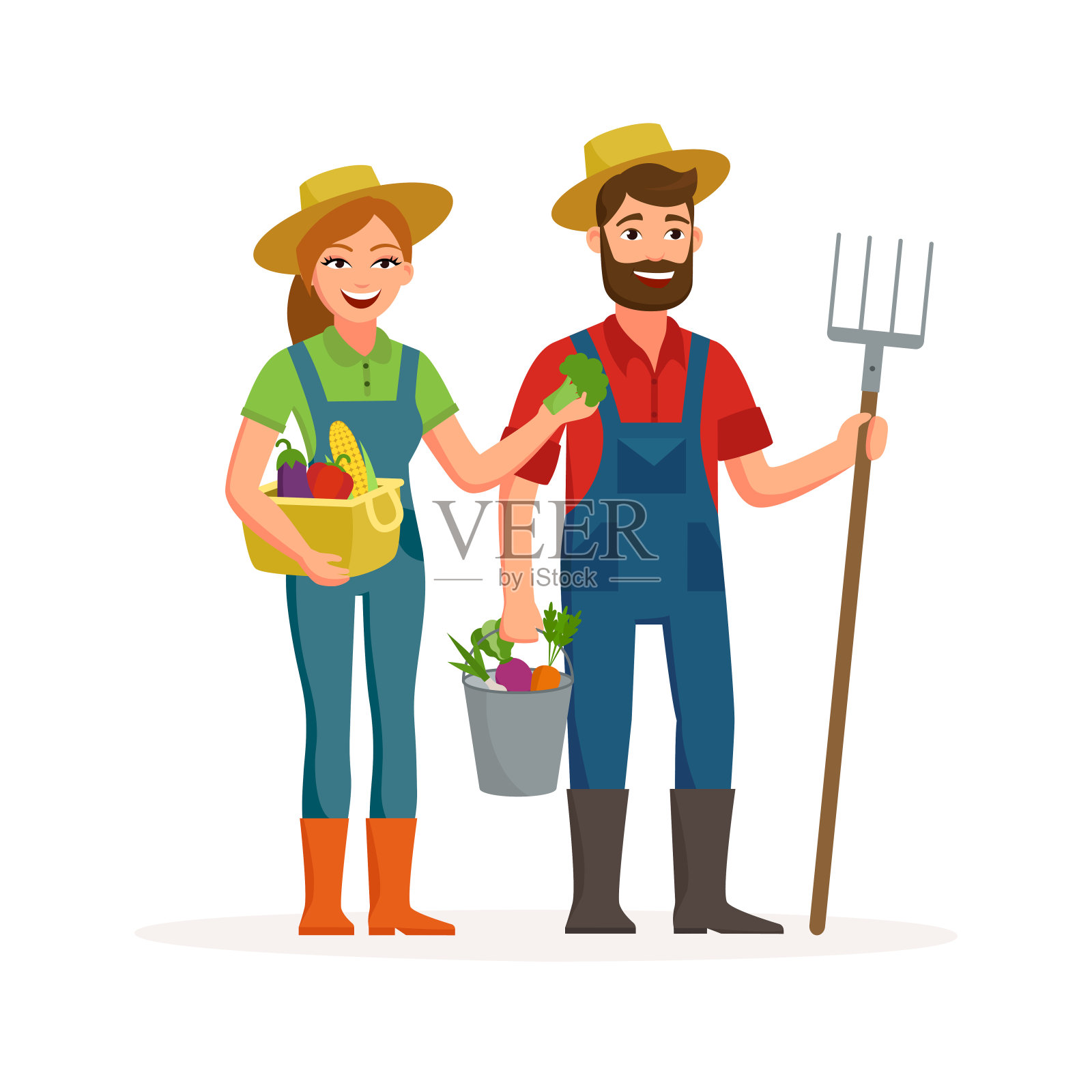 快乐农民矢量平面设计孤立在白色背景。卡通人物的男人和女人的农场概念插图。插画图片素材