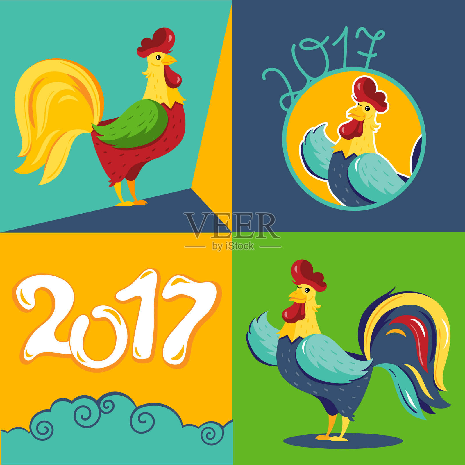 卡通公鸡人物象征2017年。插画图片素材