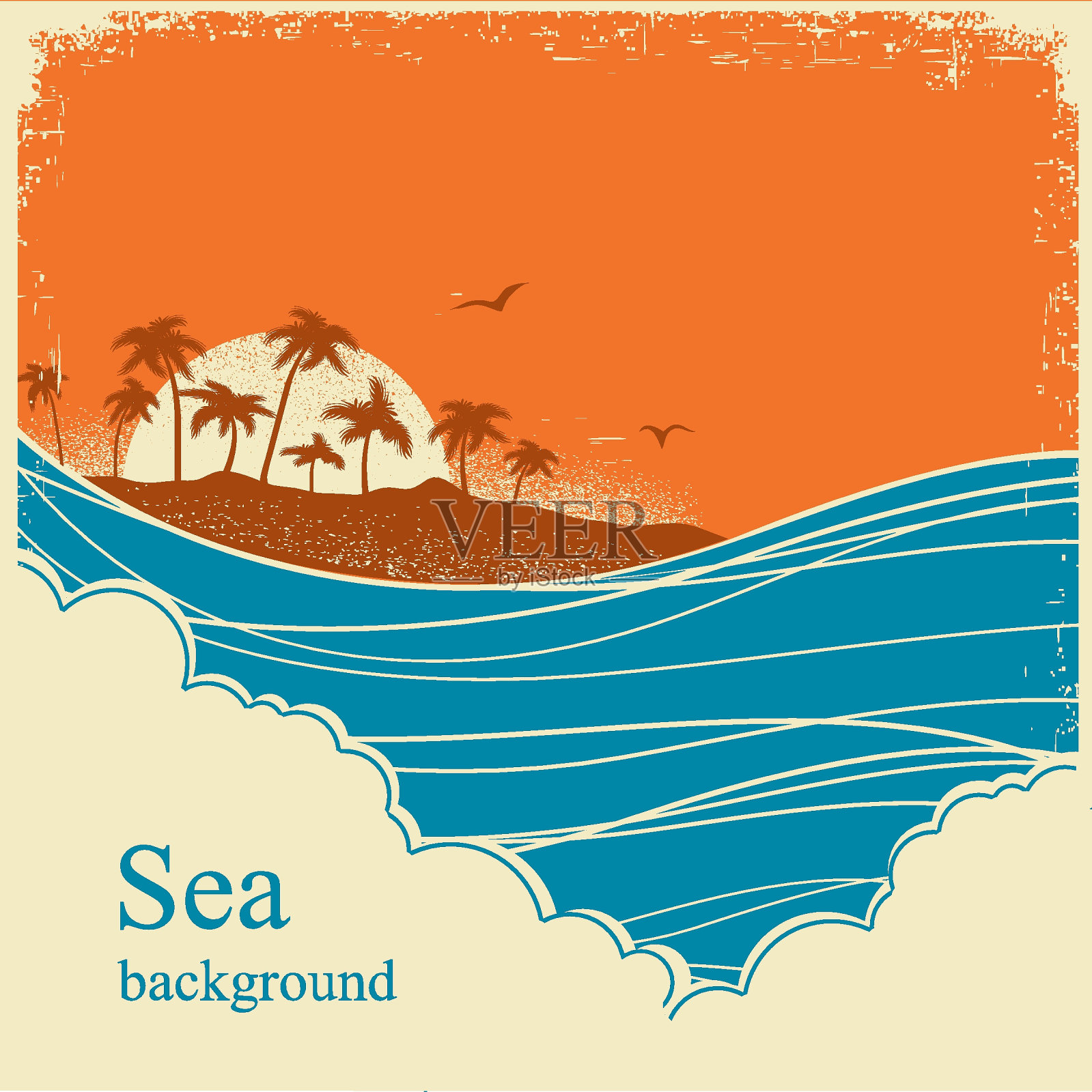 海浪。海景地平线插图在旧的复古海报插画图片素材