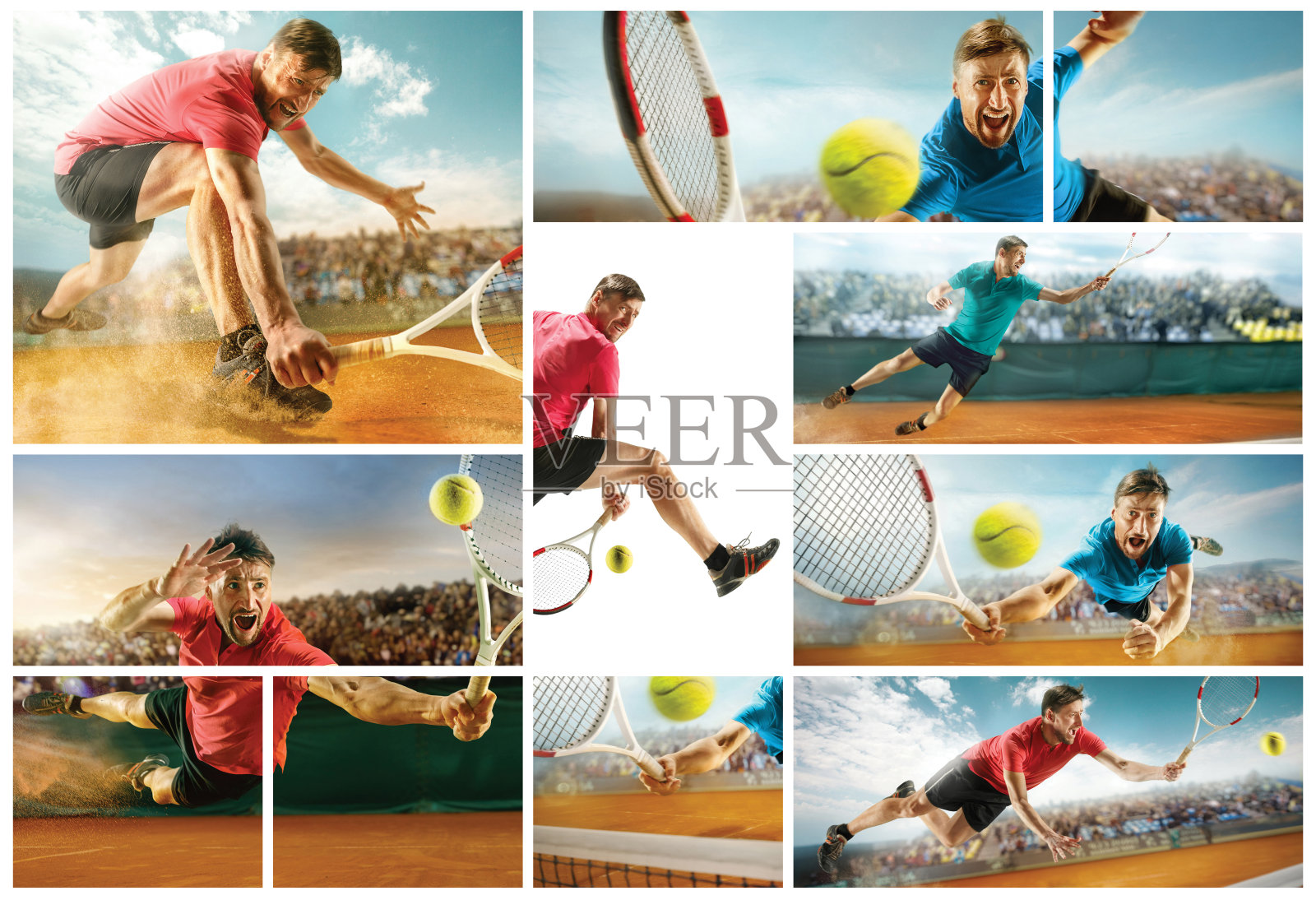 一个跳跃的运动员，高加索壮汉，在土球场上和观众打网球照片摄影图片