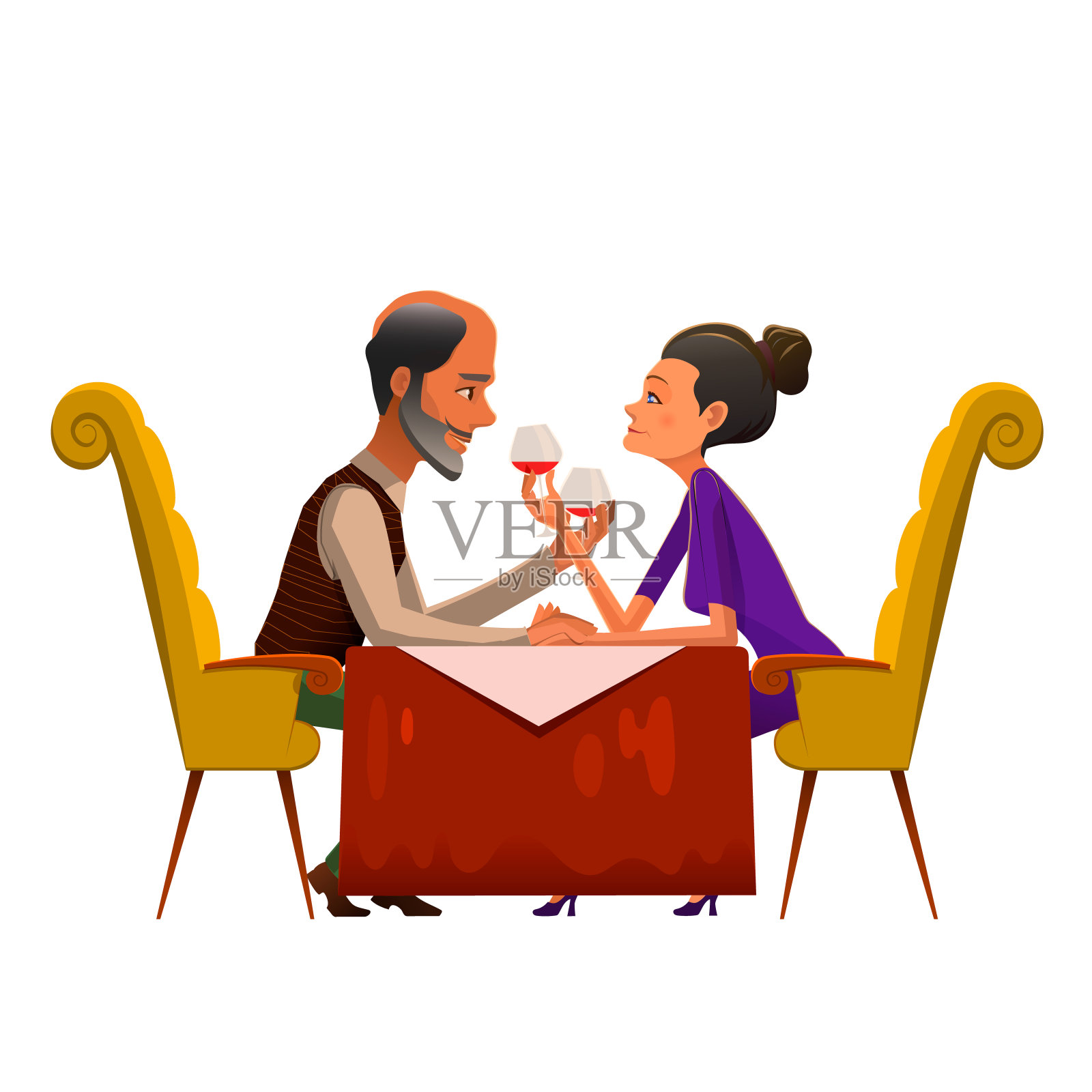 浪漫的情侣在咖啡馆喝葡萄酒。在浪漫的咖啡馆里，一对成熟的幸福夫妇看着对方，喝着酒。插画图片素材