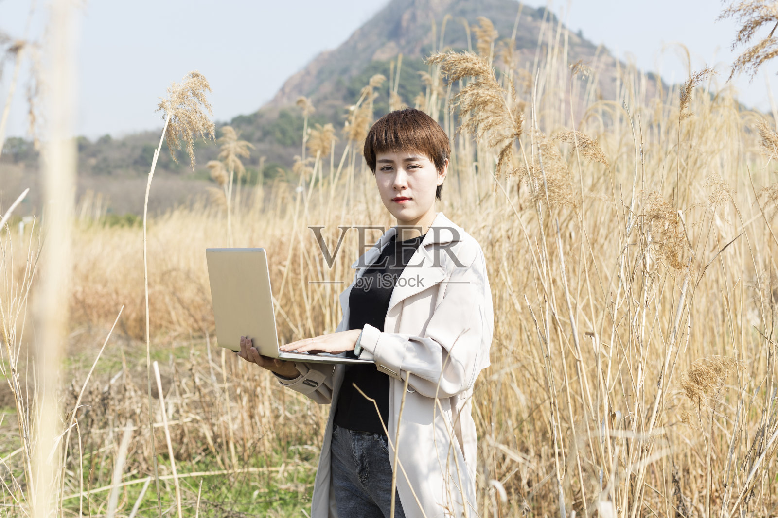 一个女人在草地上拿着笔记本电脑照片摄影图片