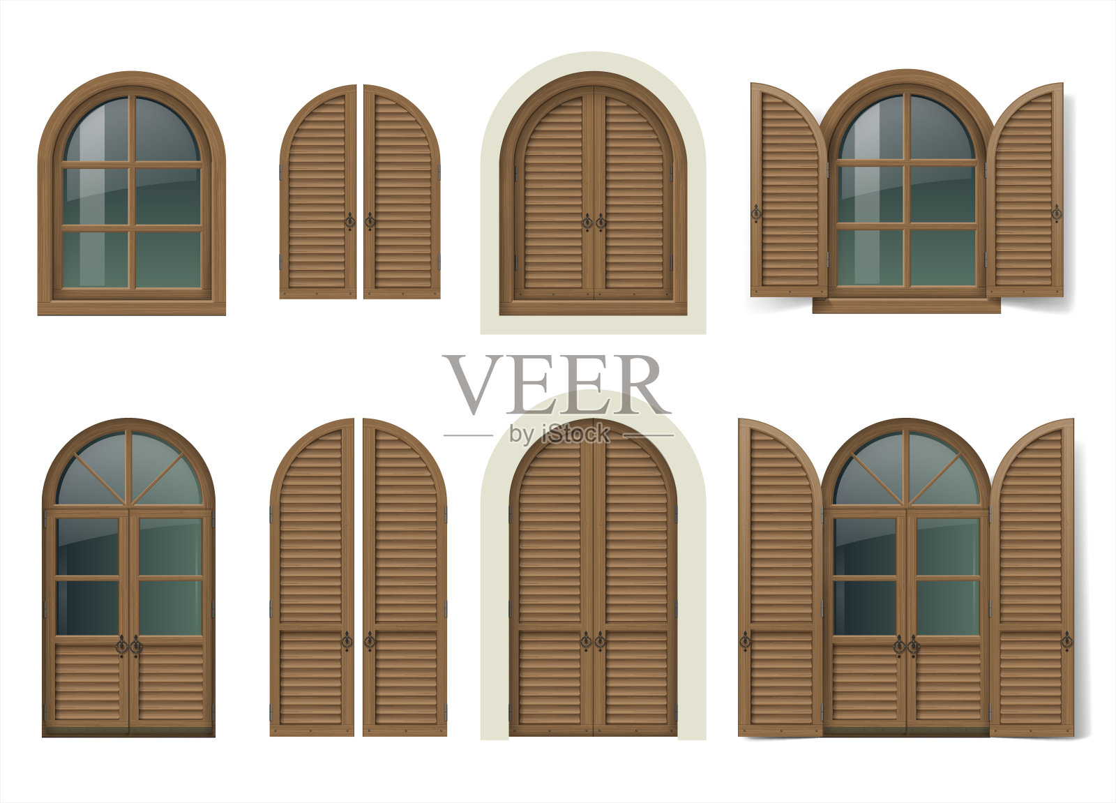 带百叶窗的木制门窗插画图片素材