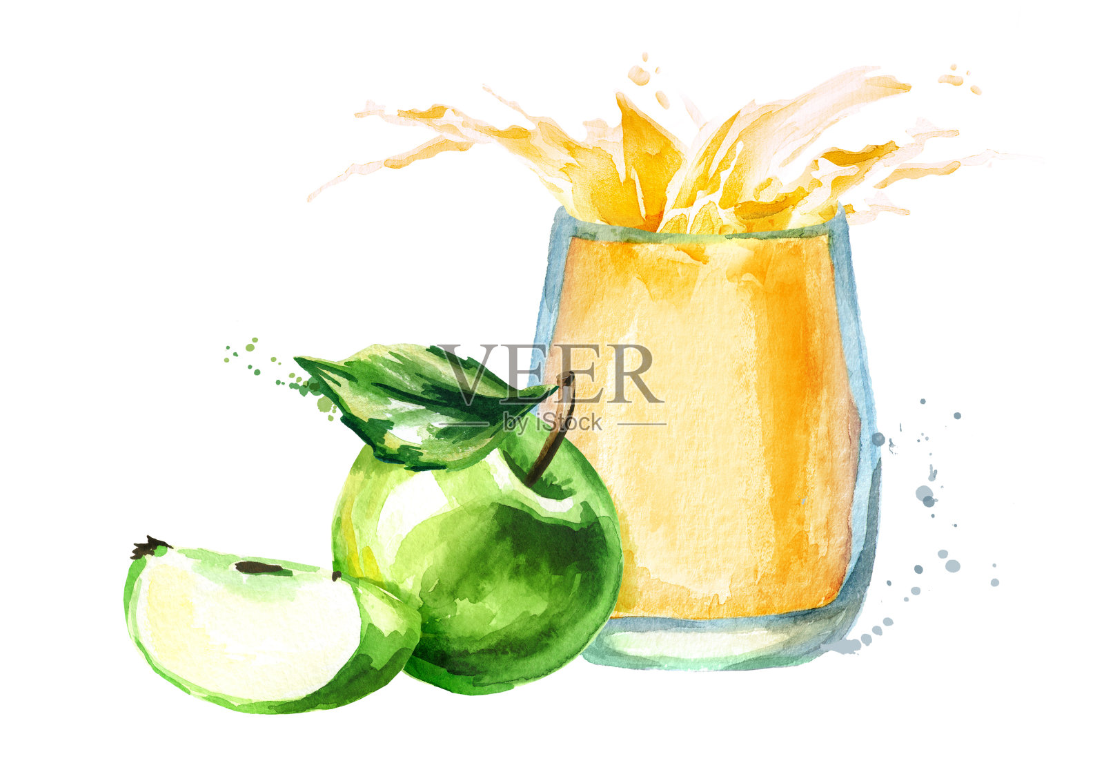 苹果汁。水彩手绘插图，孤立在白色背景插画图片素材
