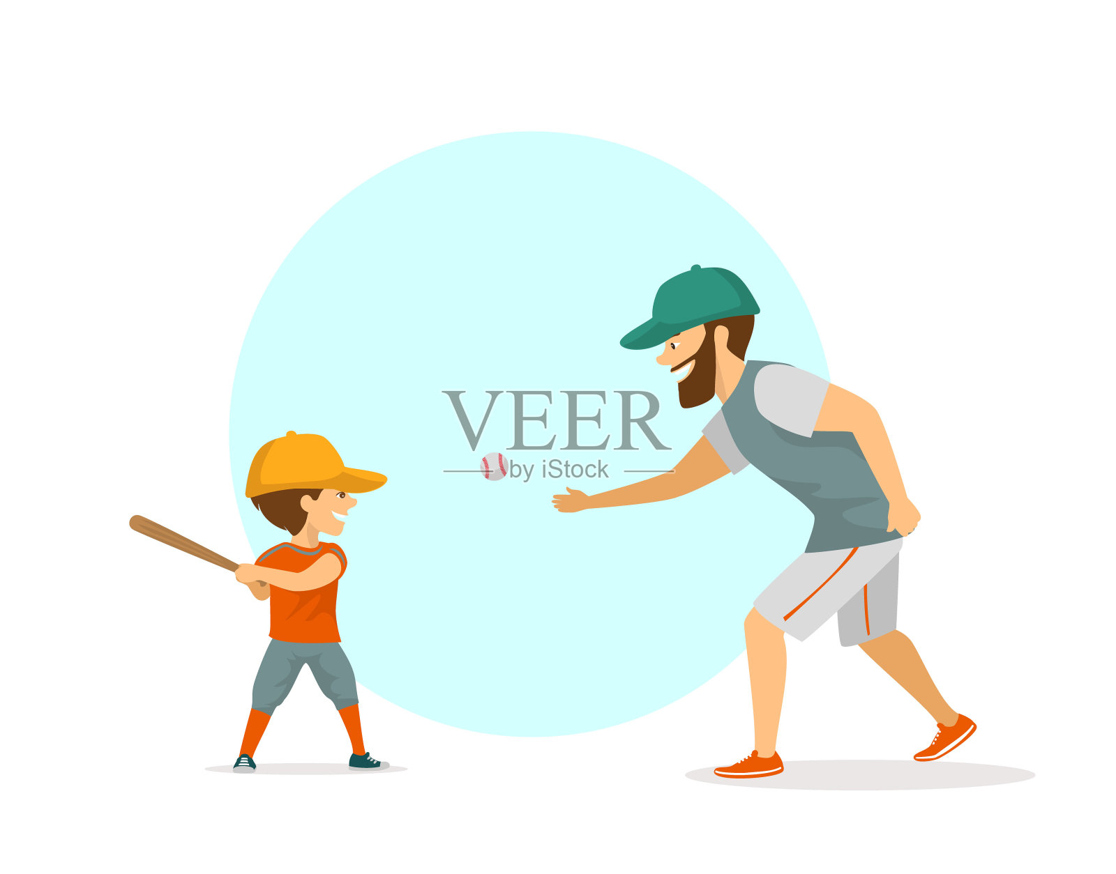 父亲和儿子，男孩和男人打棒球场景矢量插图插画图片素材