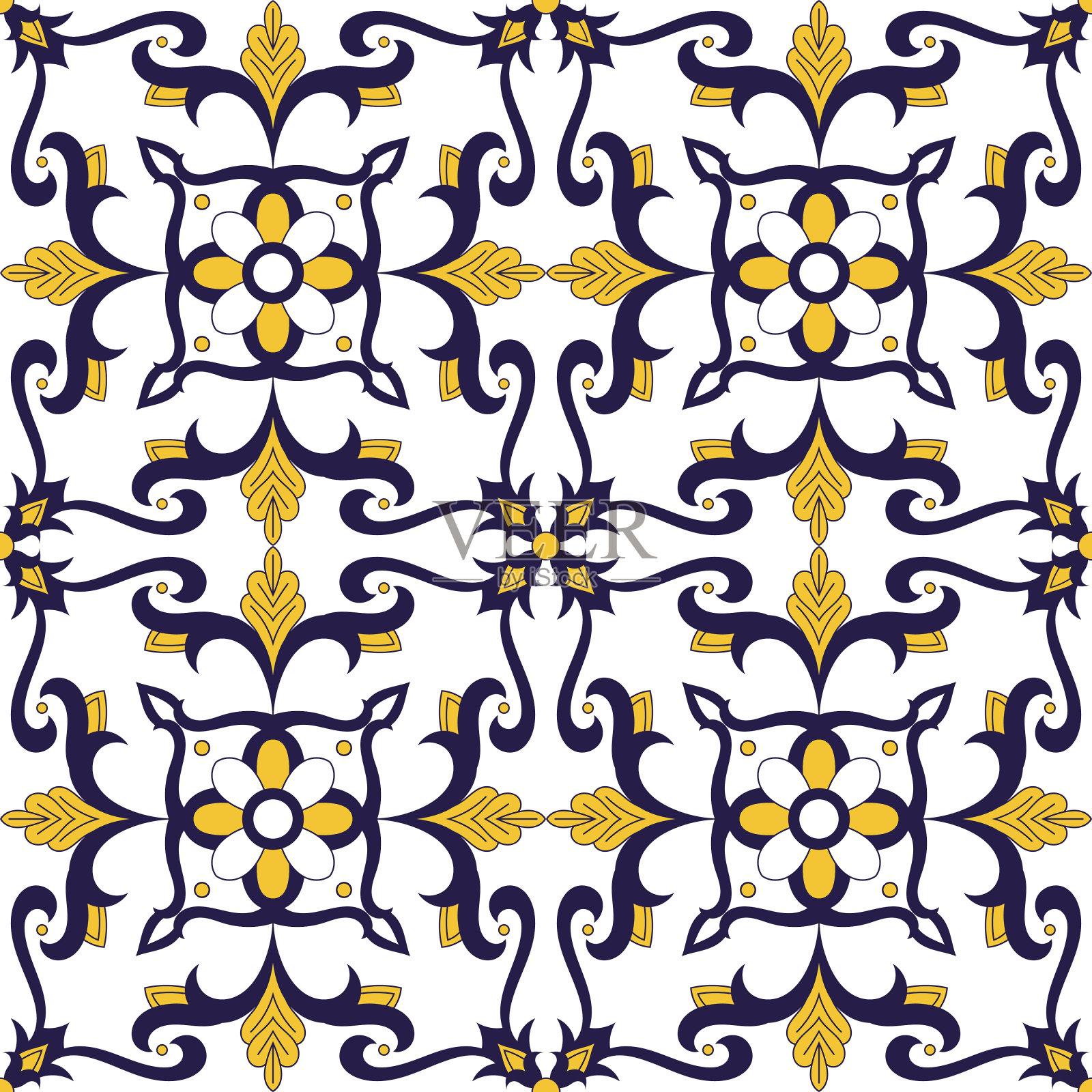 葡萄牙瓷砖图案向量与花卉装饰。葡萄牙azulejo，墨西哥talaveta，西班牙或意大利majolica主题。背景为陶瓷，墙纸，床单或枕头织物。插画图片素材