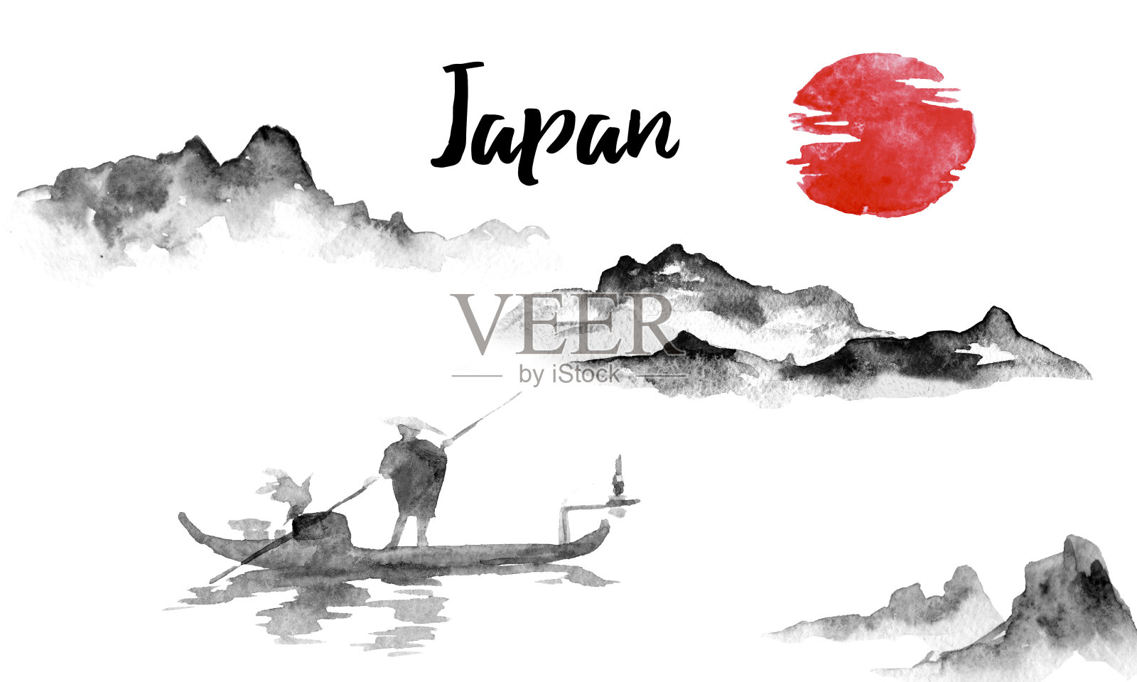 日本传统sumi-e画。墨汁插图。日本的照片。男人和船。山景观插画图片素材