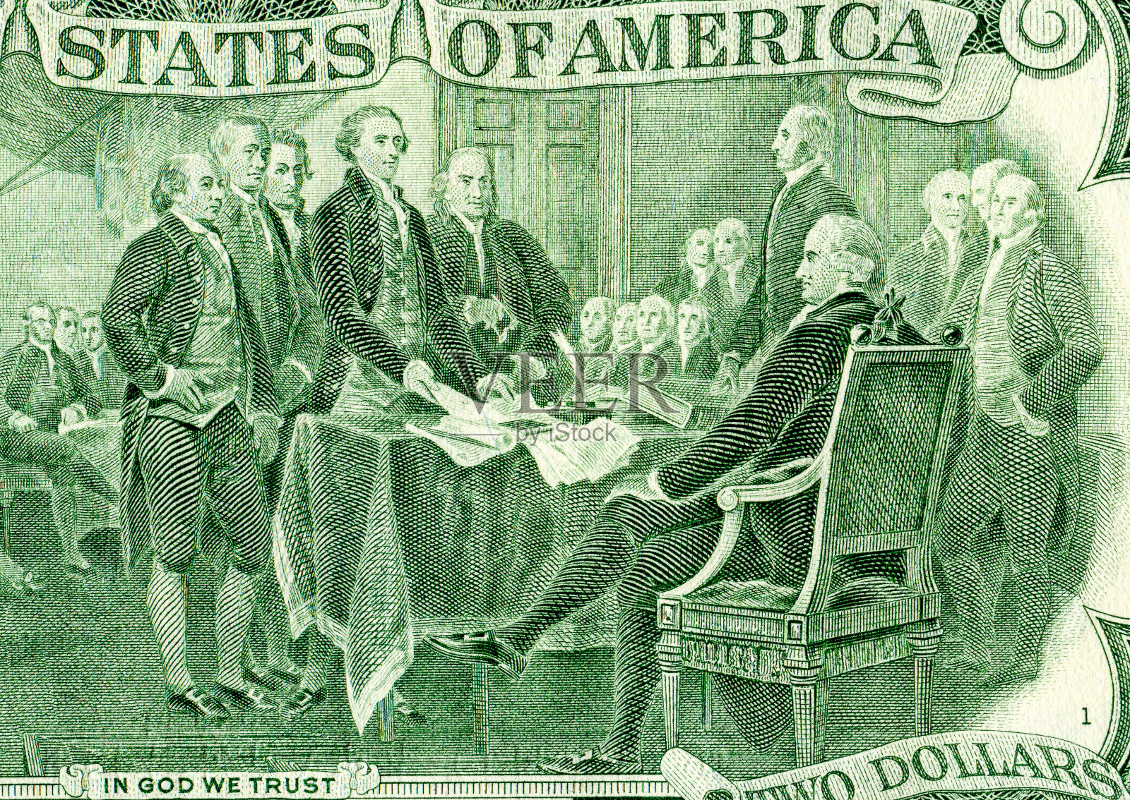 从《独立宣言》中提取的两美元钞票，细节照片摄影图片
