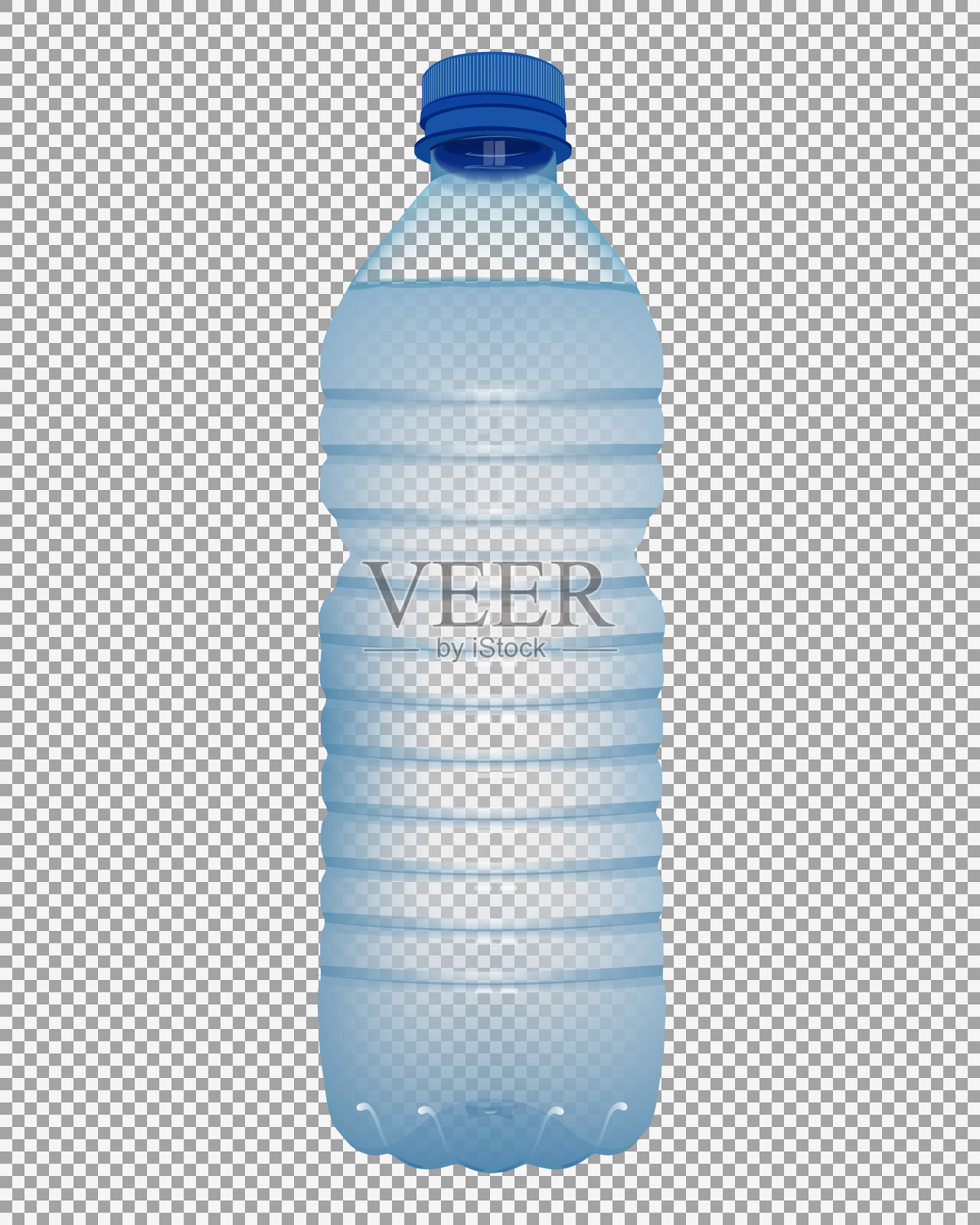 真实的塑料瓶与水与接近的蓝色盖上透明的背景插画图片素材
