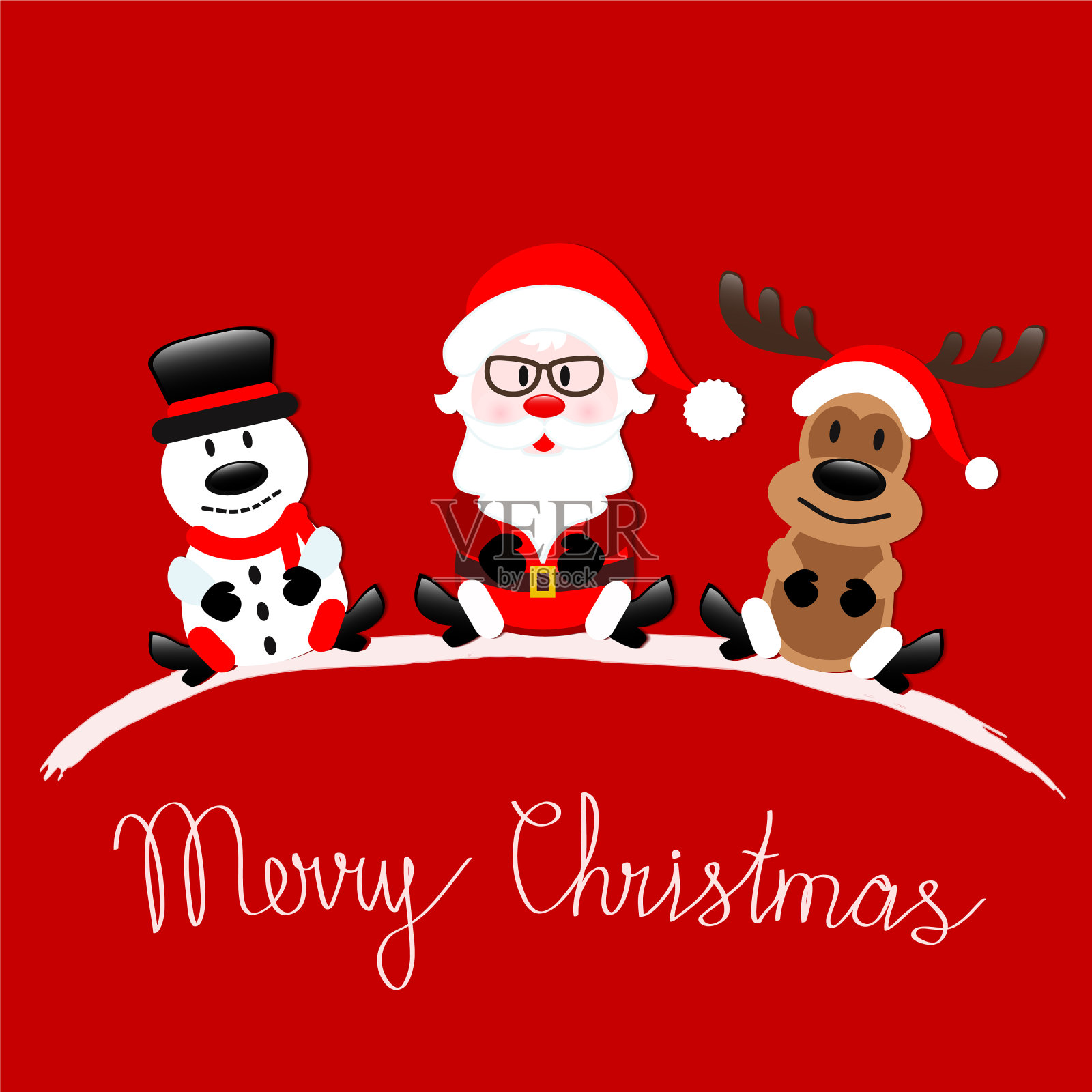 圣诞贺卡与圣诞老人，驯鹿和雪人坐在红色的背景，股票矢量插图插画图片素材