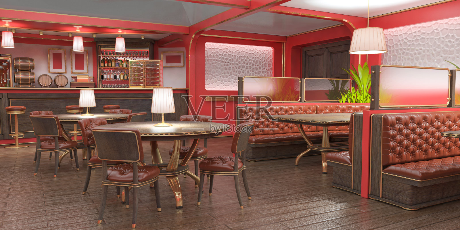室内餐厅是红色的，有一个酒吧和桌子，皮革扶手椅。照片摄影图片