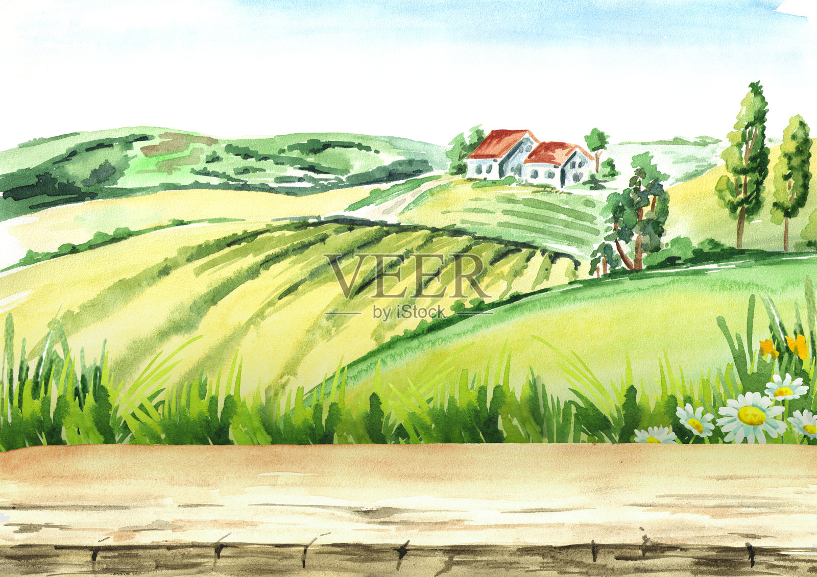 以空表为背景的农村老农场和田野。水彩手绘插图插画图片素材