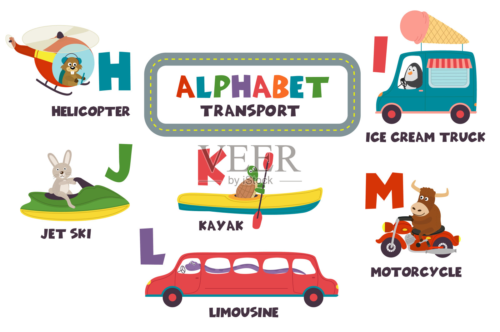 字母与运输和动物H到M插画图片素材