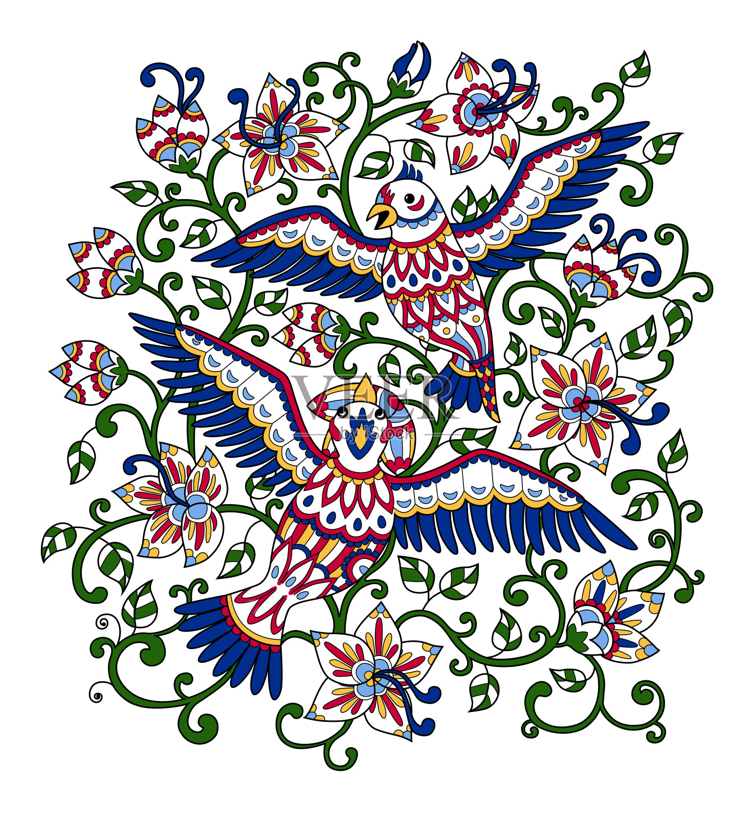 装饰性的鸟在花的轮廓颜色3插画图片素材