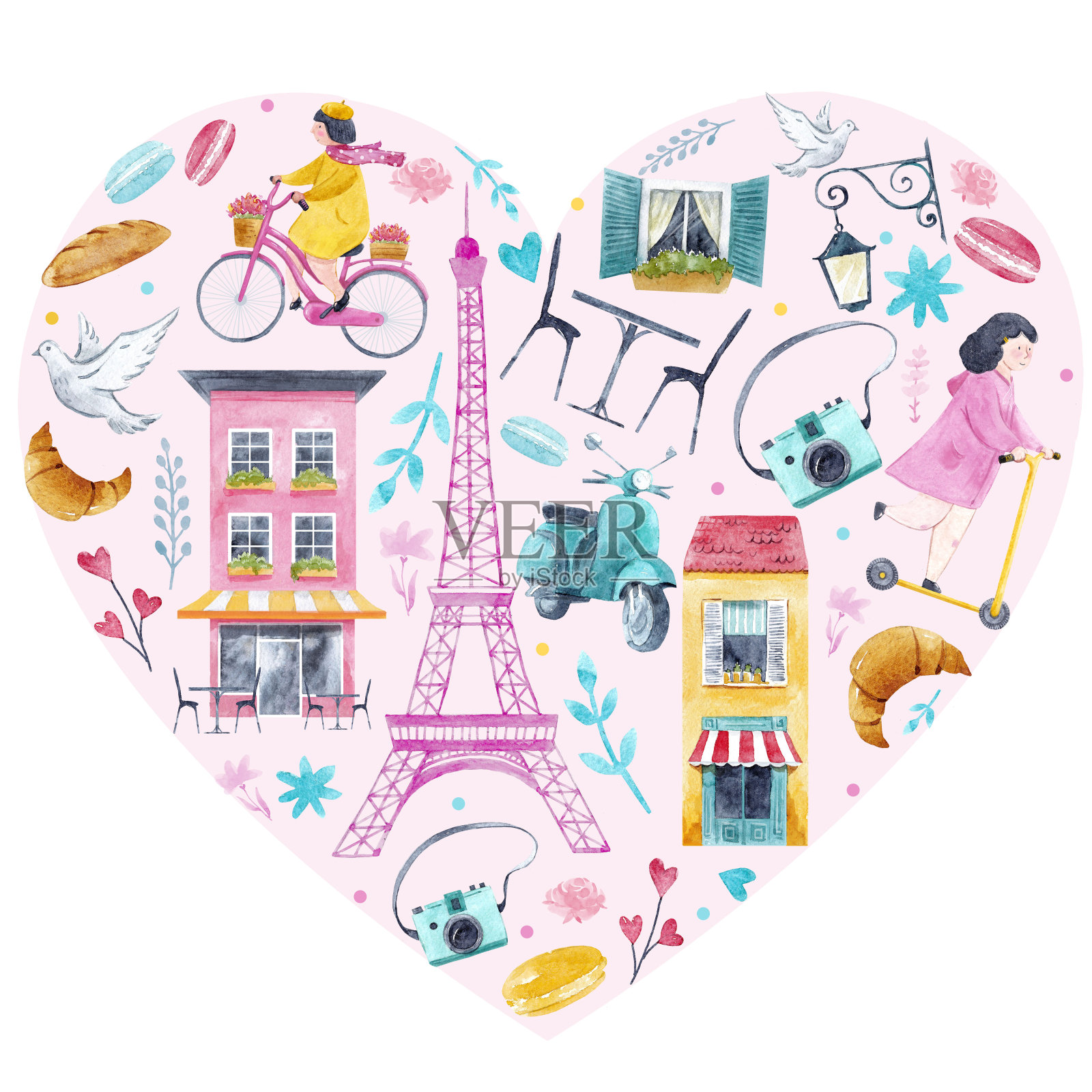 水彩巴黎的心插画图片素材
