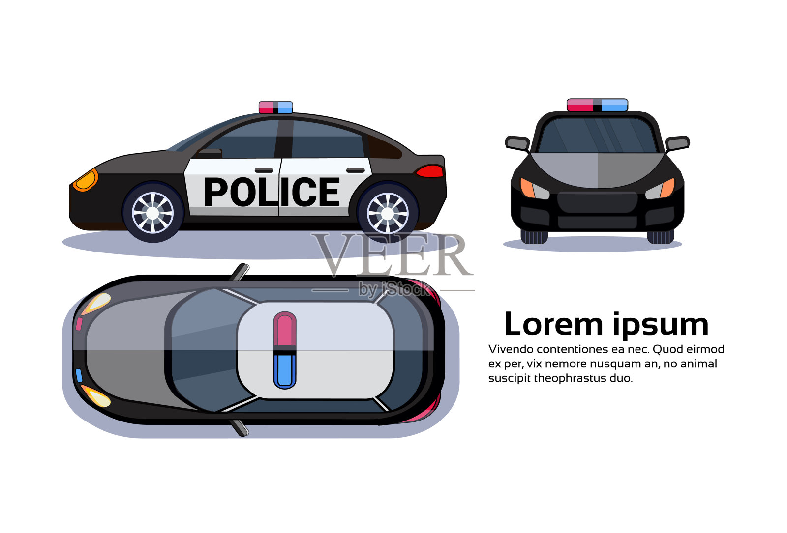 警车在白色背景孤立的顶部，侧面和正面视图在拷贝空间插画图片素材