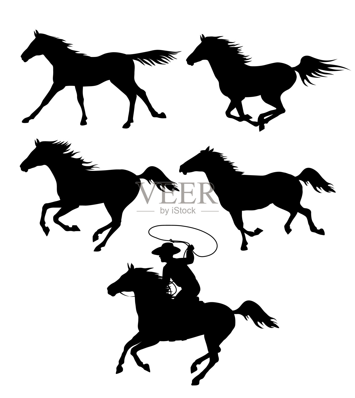 一套黑色的轮廓奔跑的马和一个牛仔与一个套索孤立在白色插画图片素材