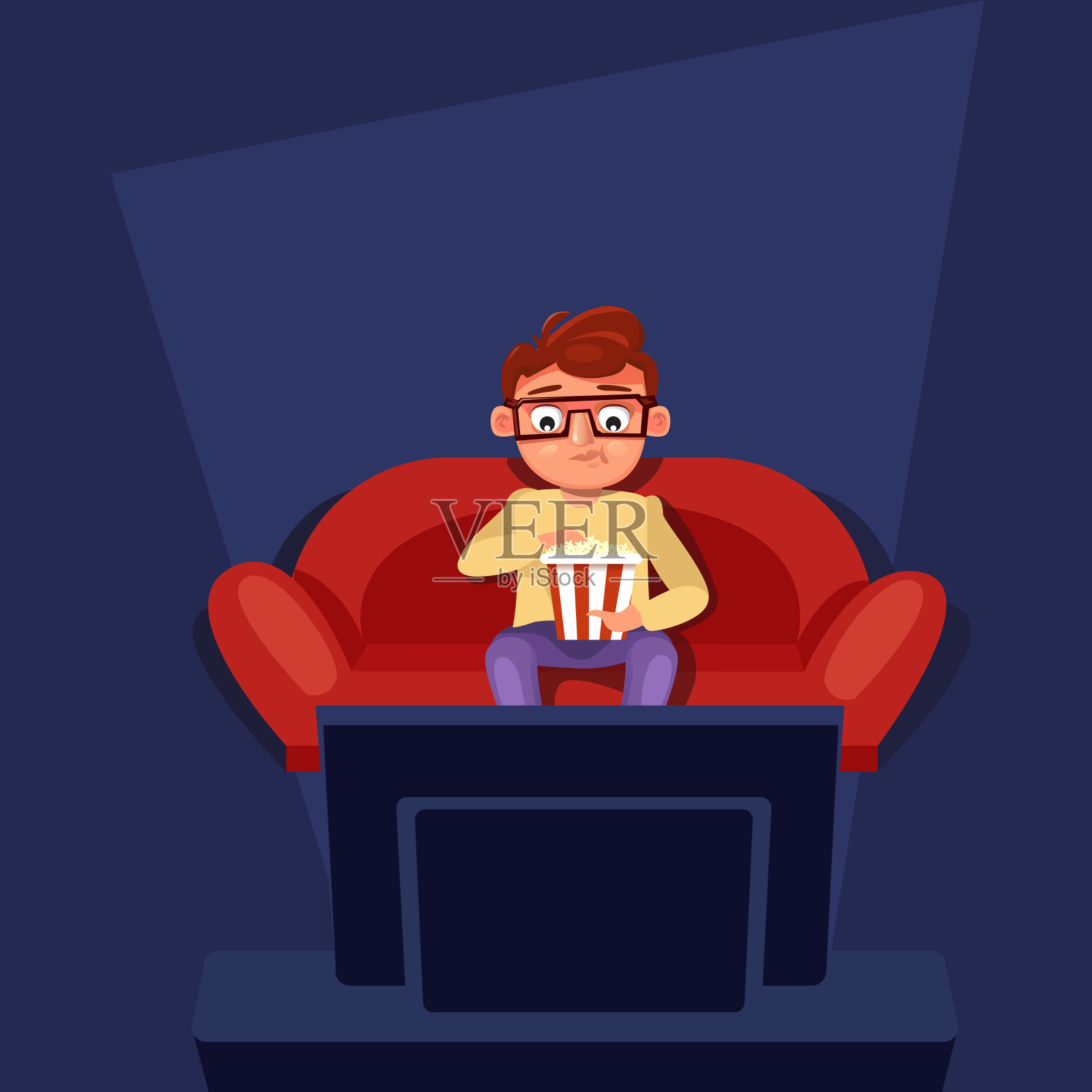 坐在沙发上看电视吃爆米花的男人插画图片素材
