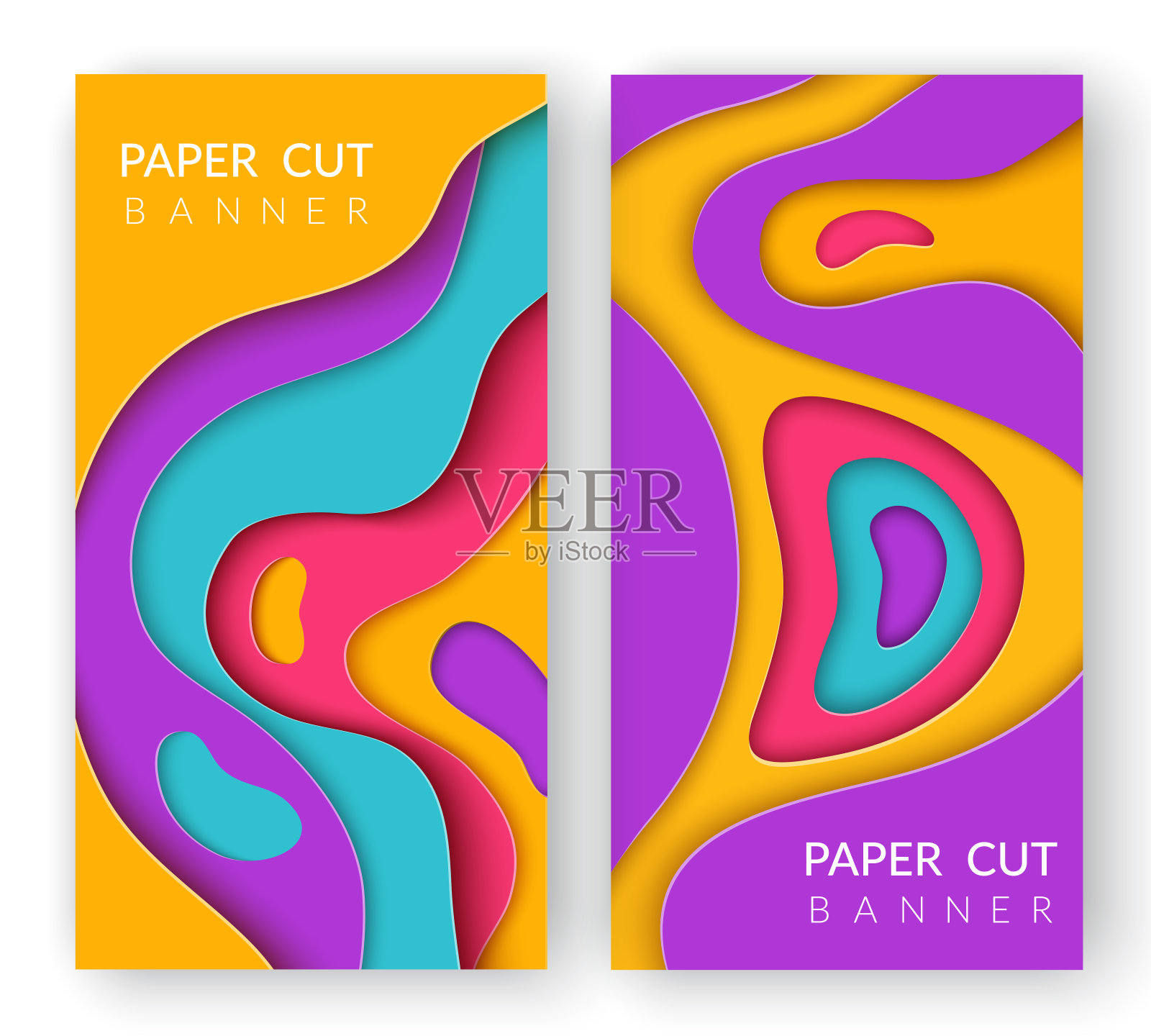 两个垂直的抽象横幅与多色剪纸形状。剪纸剪出各种颜色的波浪形状。分层曲线折纸设计。3 d抽象雕刻插画图片素材