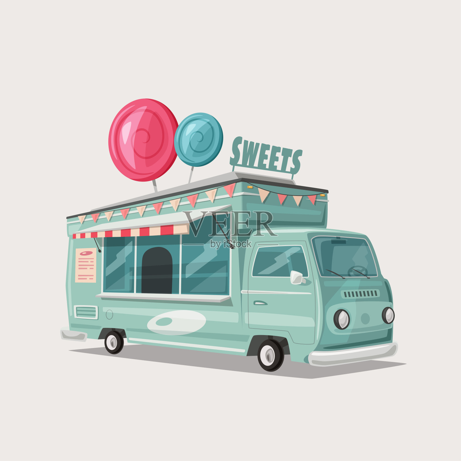 复古街头美食车。老式糖果和糖果车。卡通矢量插图。插画图片素材