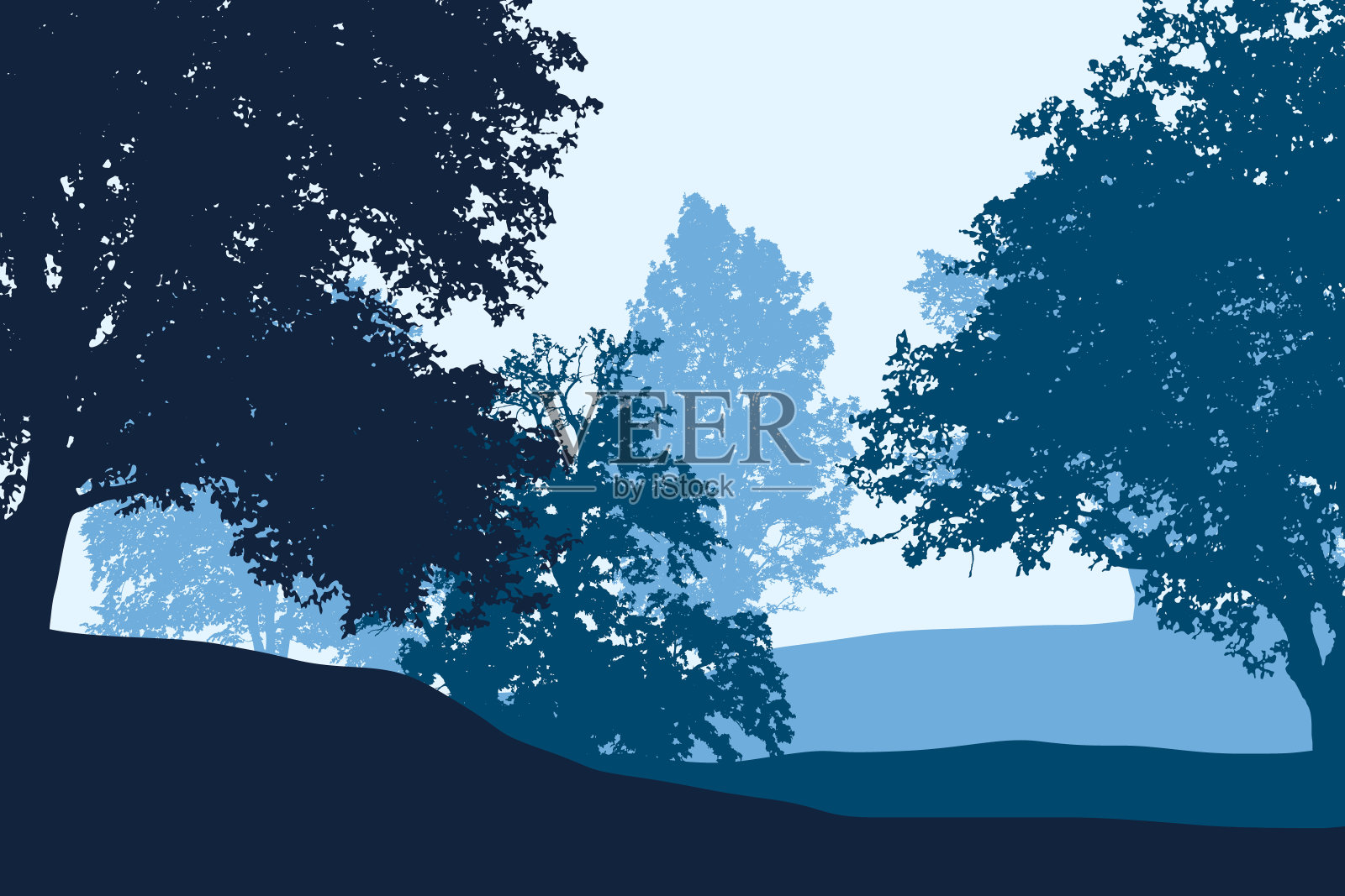 落叶林之间的小山蓝天下向量插画图片素材