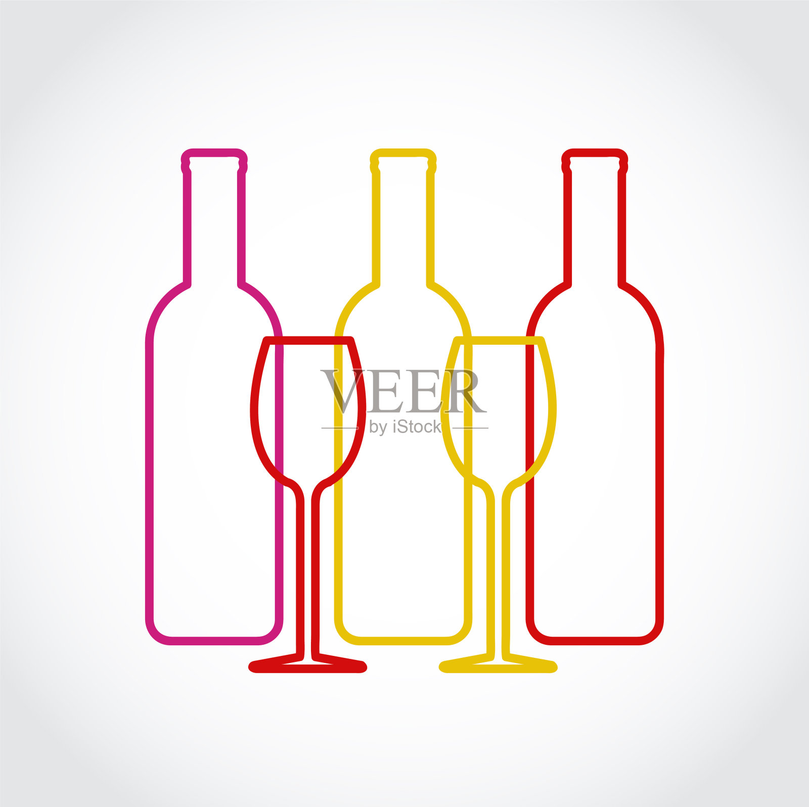 酒杯和瓶子轮廓在灰色艺术背景，股票矢量插图设计元素图片