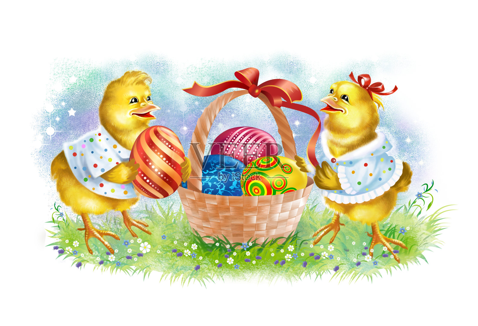复活节小鸡男孩和女孩拿着复活节彩蛋在春天的草地上。给复活节礼物。数码插图。插画图片素材