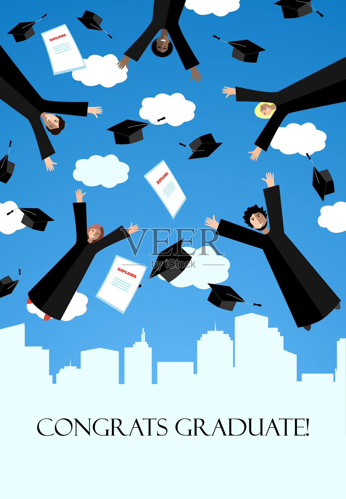 快乐的毕业生戴着毕业帽在空中飞翔。跳跃的学生和毕业帽在天空中。向量的名片。插画图片素材