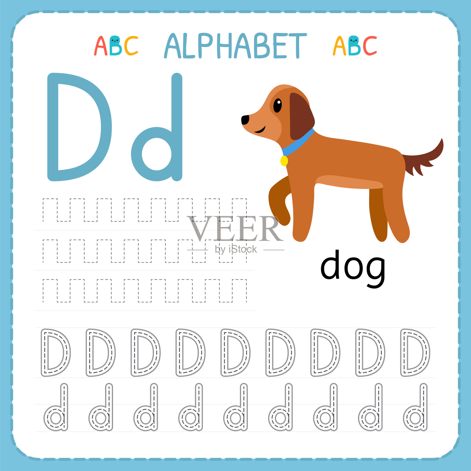 学龄前和幼儿园的字母追踪工作表。写练习字母d的孩子练习插画图片素材
