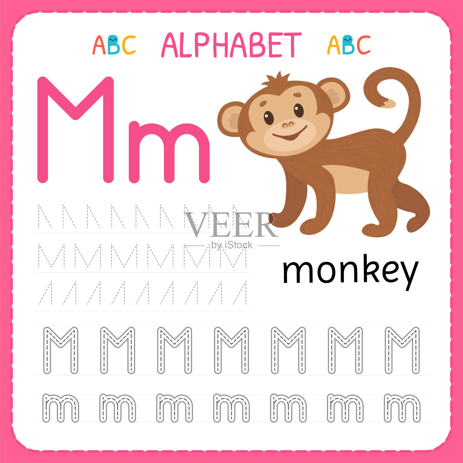 学龄前和幼儿园的字母追踪工作表。写练习字母m的孩子练习插画图片素材