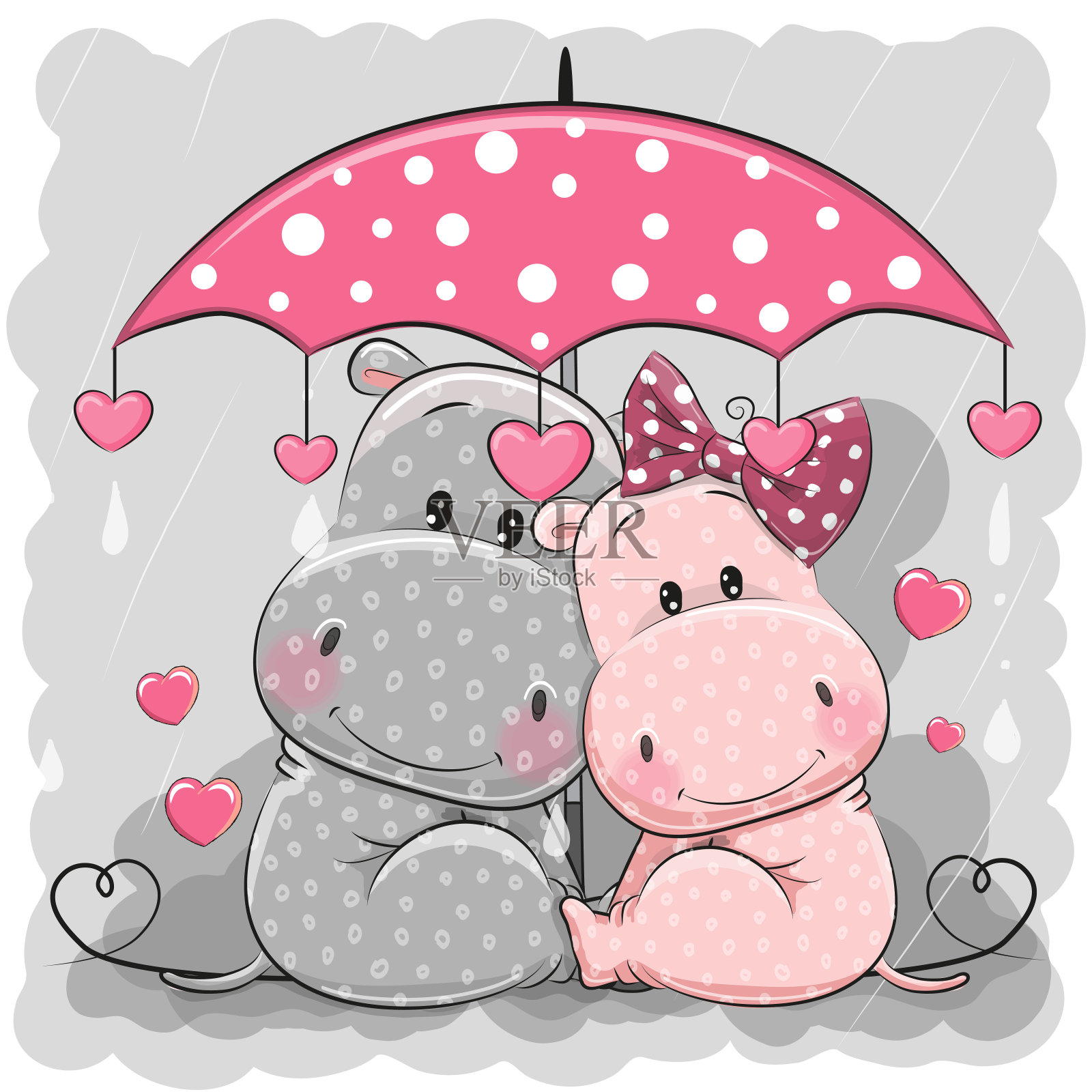 两只可爱的河马撑着雨伞在雨中插画图片素材