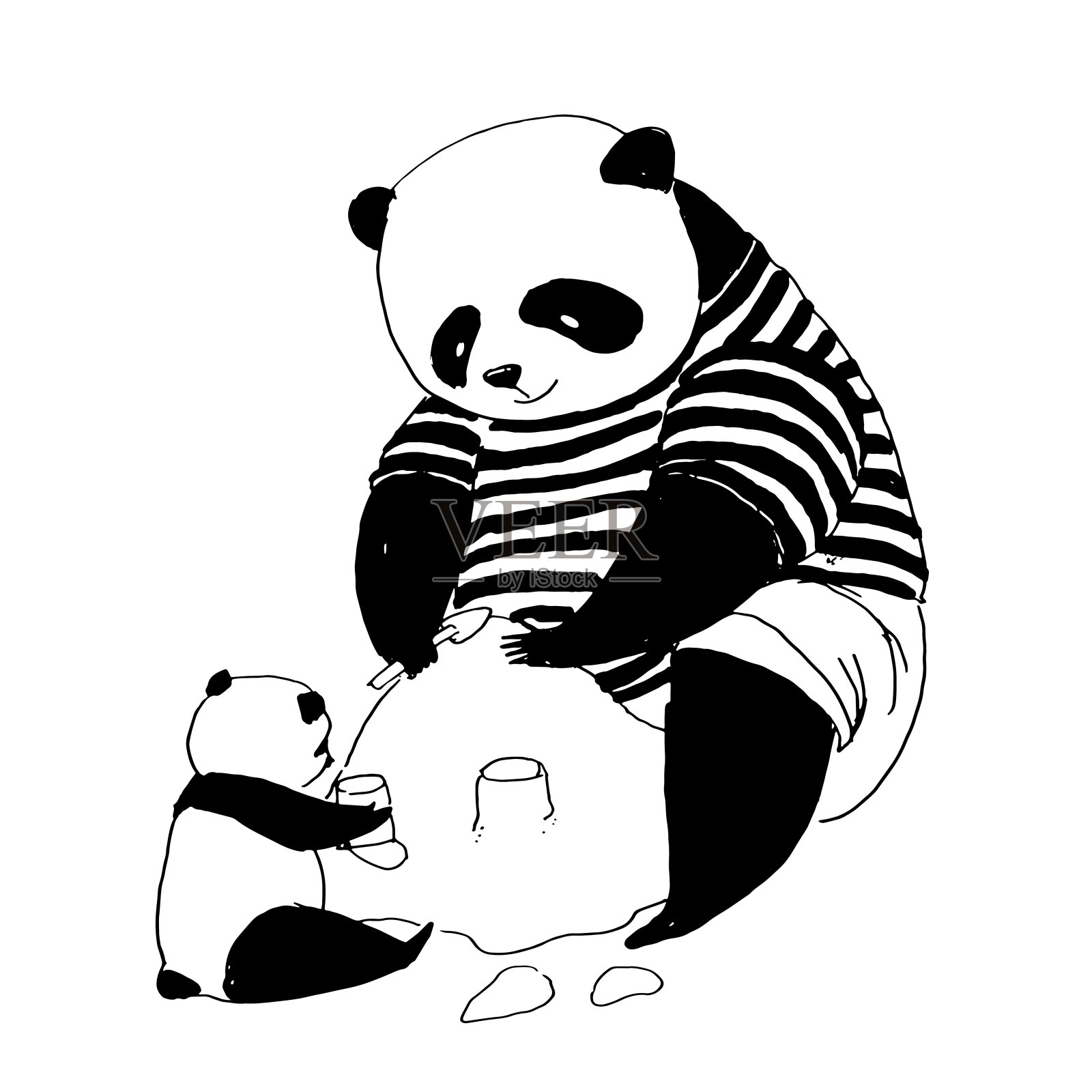 矢量黑白插图着色书。熊猫爸爸穿着黑白t恤和他的小熊猫做沙堡插画图片素材