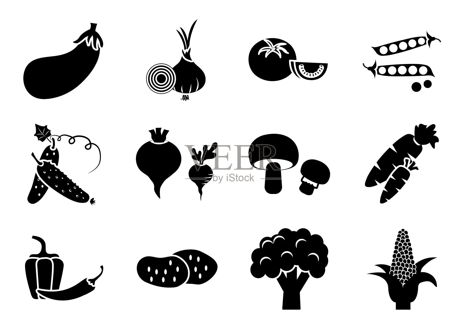 一套蔬菜，黑白剪影，矢量插图插画图片素材
