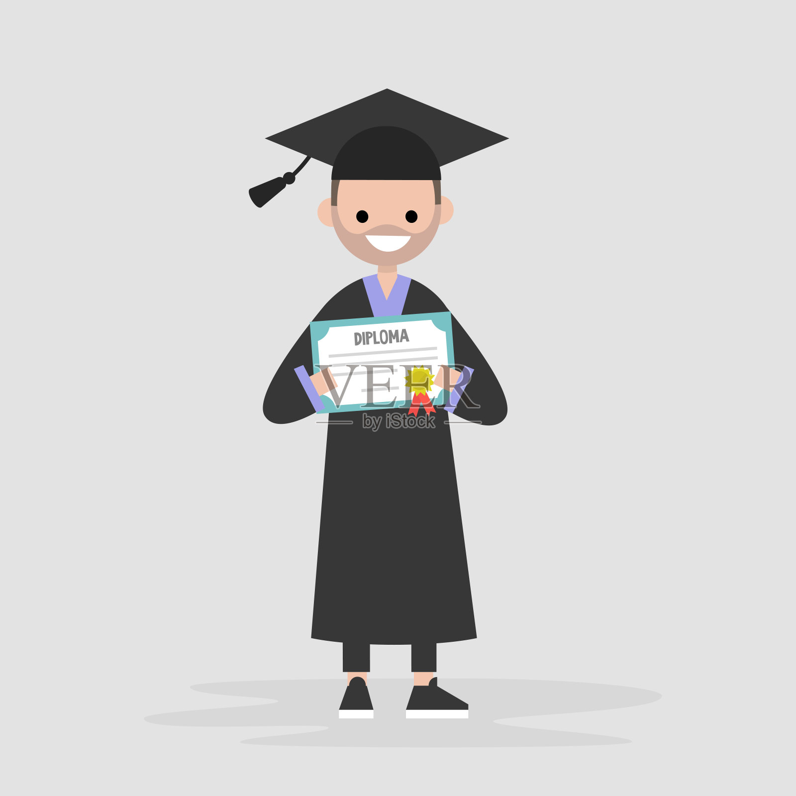 年轻的毕业生穿着黑袍，拿着文凭证书。毕业典礼。平面可编辑矢量插图，剪辑艺术插画图片素材
