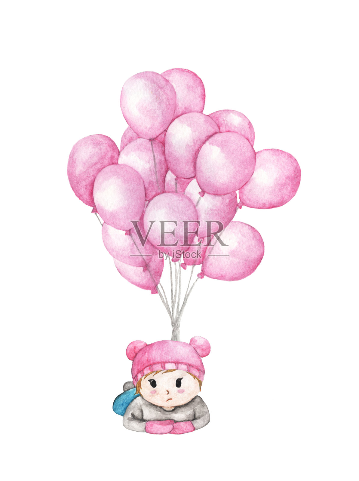 在白色的背景上，孩子们用粉红色的气球飞行。手绘水彩插图设计元素图片