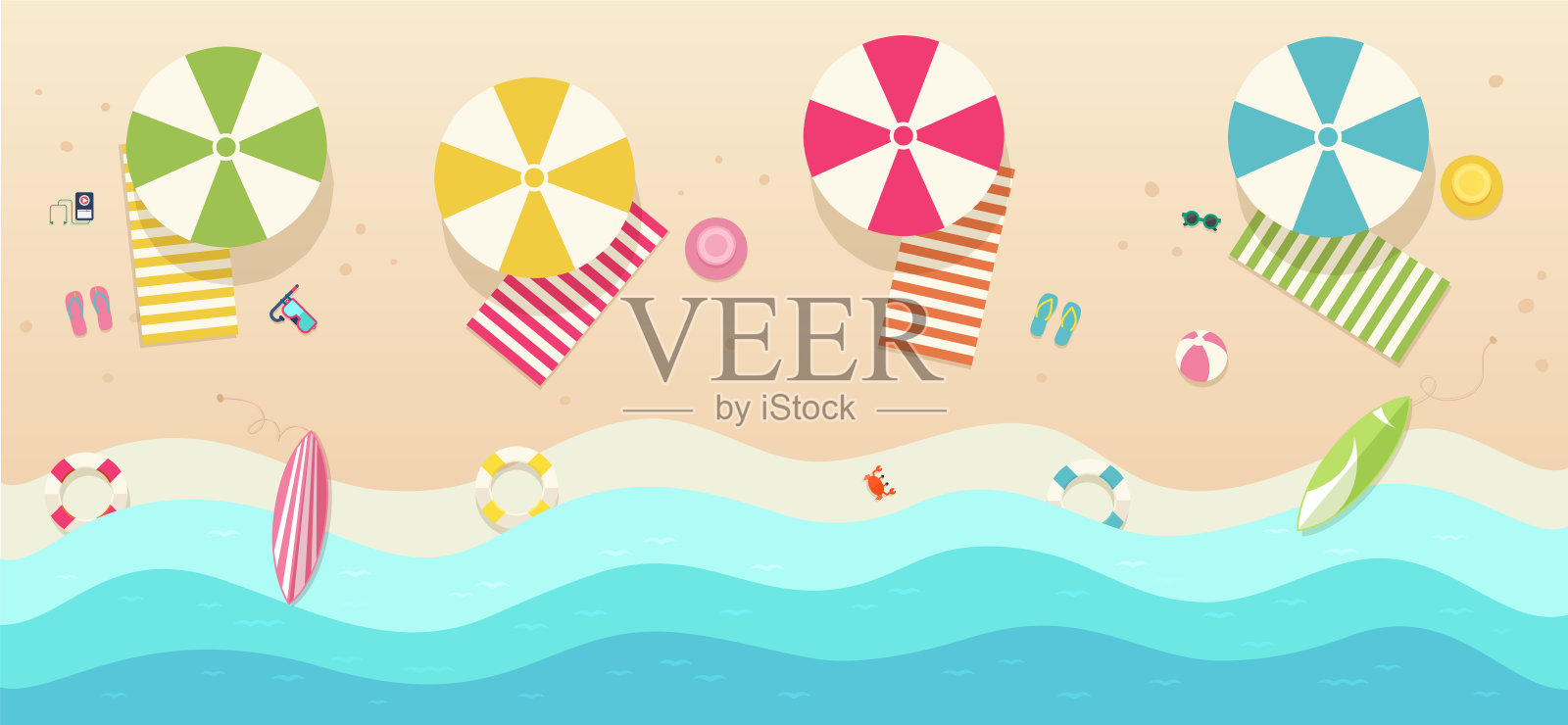 海滩，顶视图与伞，毛巾，冲浪板，太阳镜，帽子，球，海星。插画图片素材