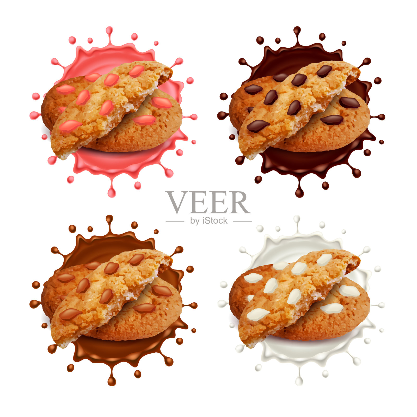巧克力饼干在牛奶和巧克力飞溅三维矢量集设计元素图片