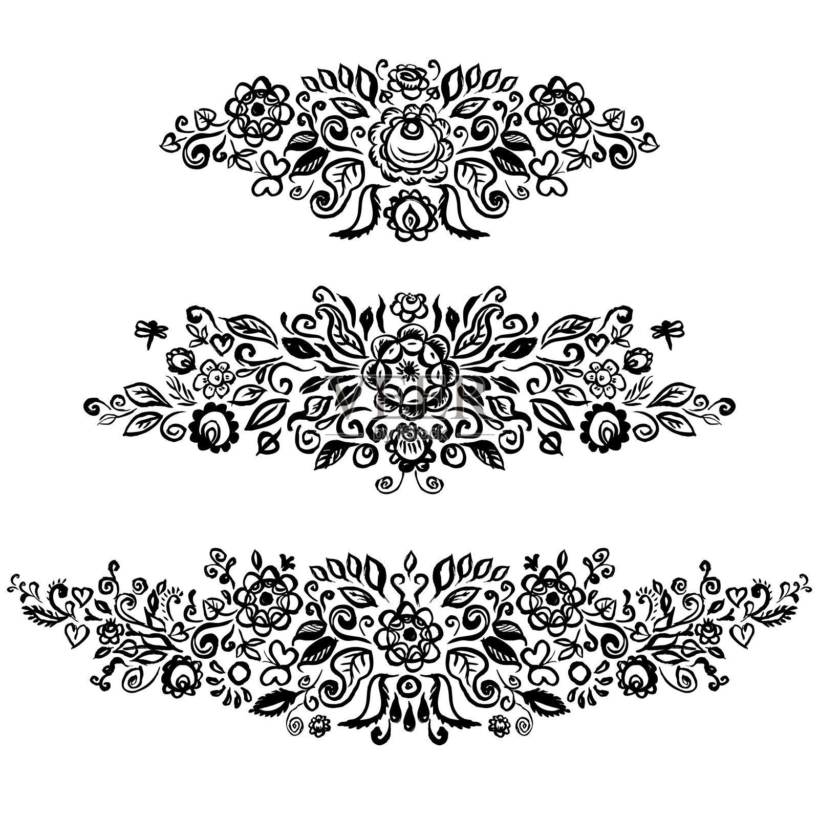 民间艺术黑色花卉装饰设置在白色背景上复古优雅的婚礼邀请与夏季花孤立在白色的背景。向量插画图片素材