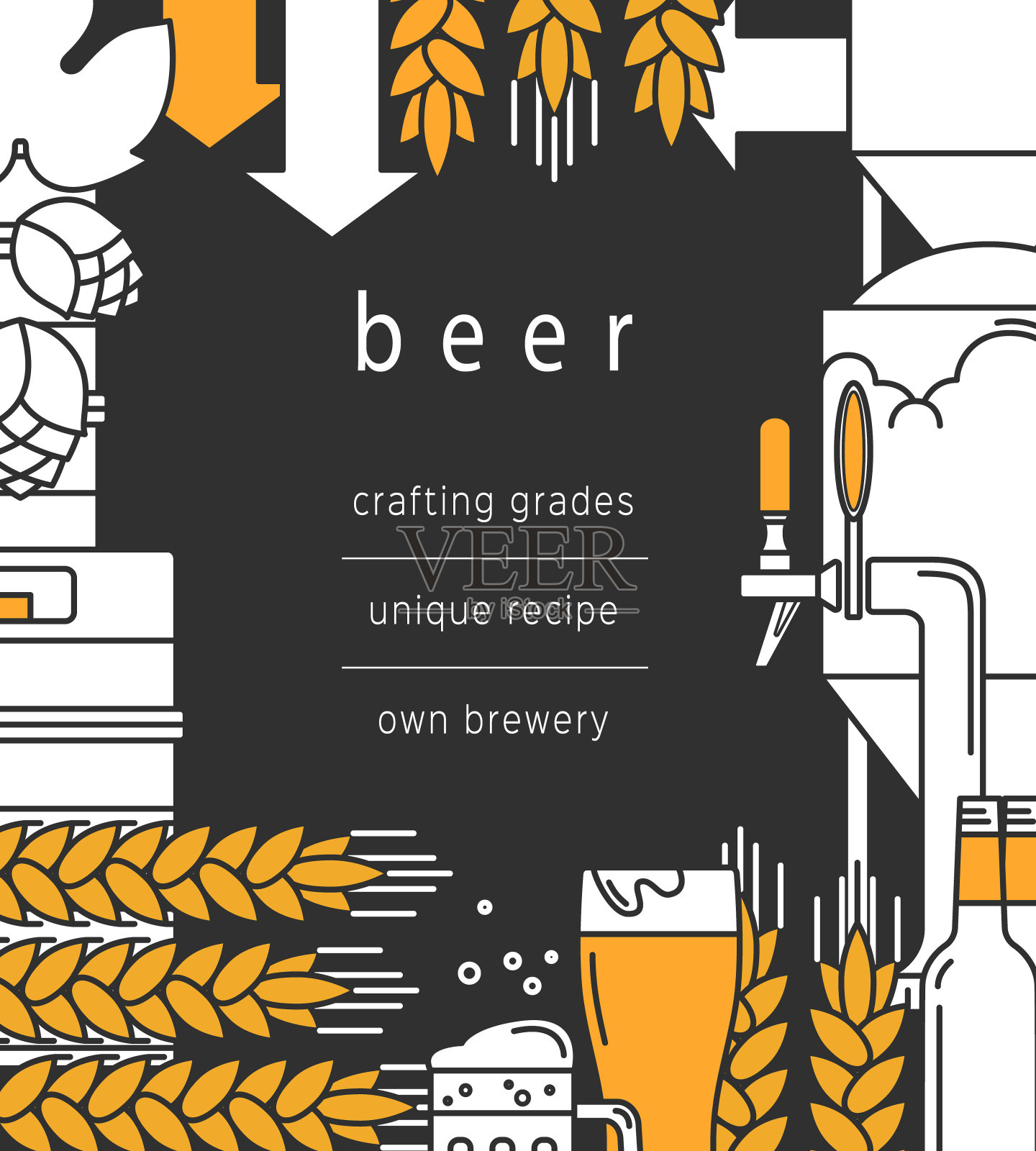 啤酒的背景。玻璃，马克杯，啤酒龙头，瓶子和酒桶，酿酒设备，啤酒厂，小麦和啤酒花。矢量背景为小册子，小册子，传单。插画图片素材