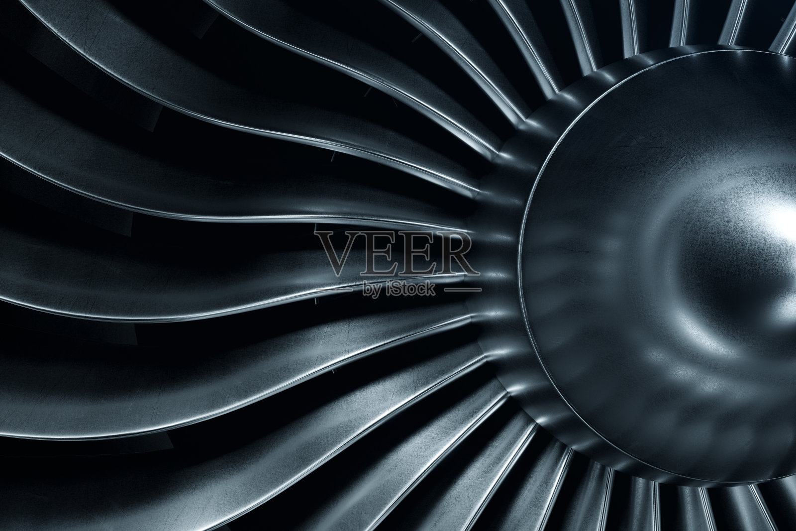 3D渲染喷气发动机，近距离查看喷气发动机叶片。蓝色的色调。照片摄影图片